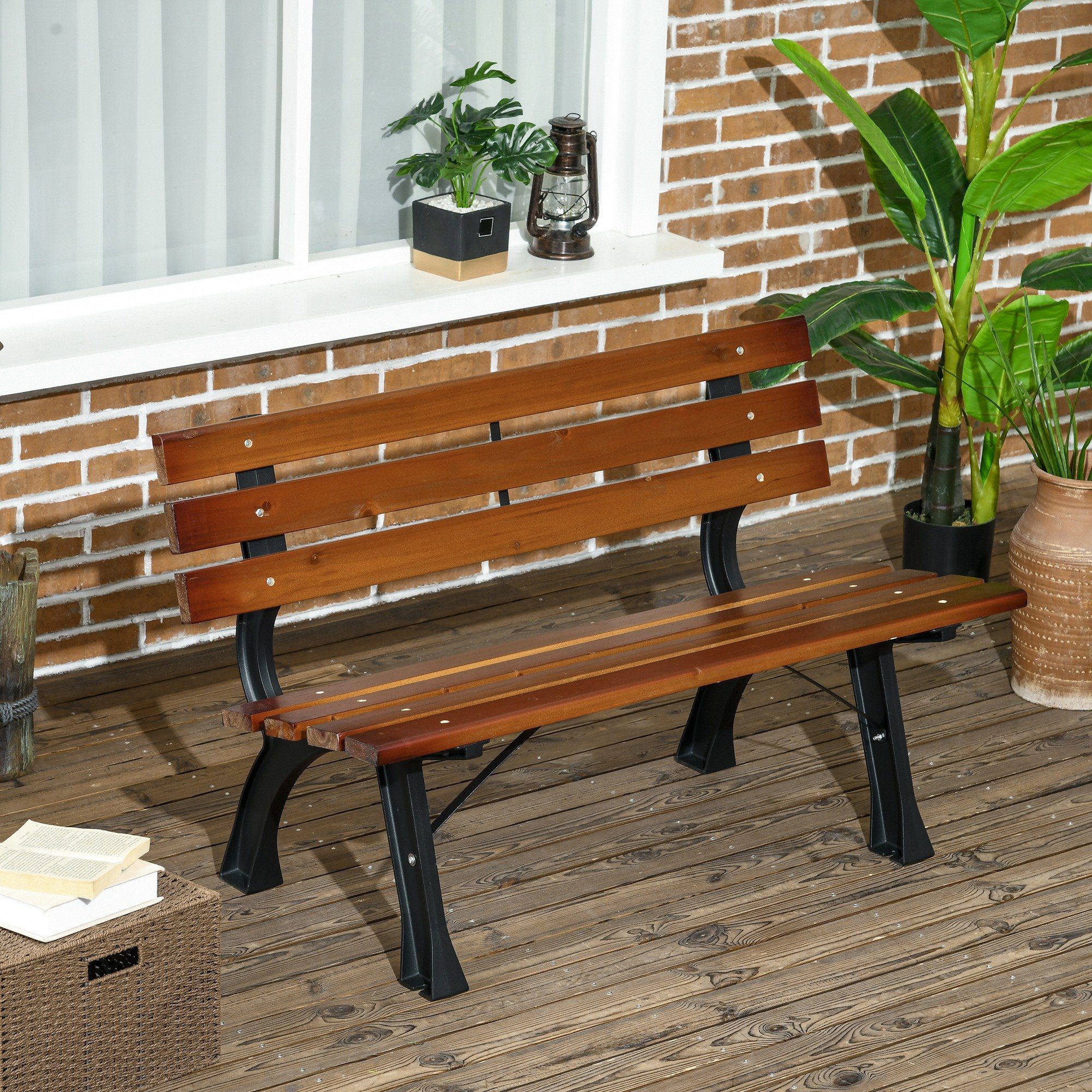 Outsunny Gartenbank Friesenbank, Holzbank für Garten, Balkon (Sitzbank, 1-St., Parkbank mit Rückenlehne), max. 240 kg, Kaffee, 120 x 57 x 70 cm
