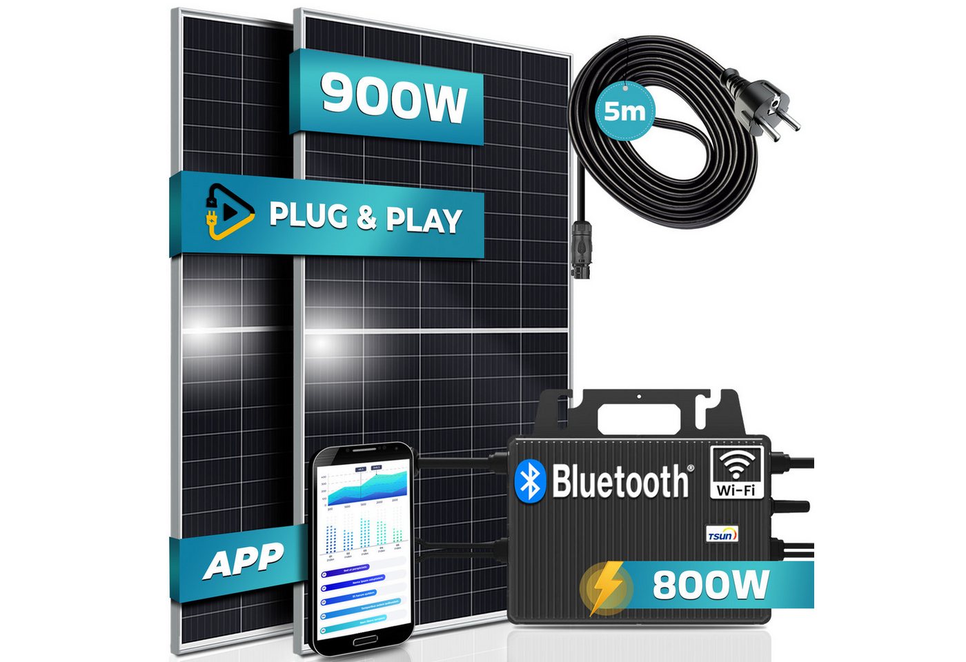 Thumbnail - SUNNIVA Balkonkraftwerk 900W/800W komplett Steckdose, (TSUN 800W Wechselrichter - PV Solaranlage Komplettset - 2x 450W S...