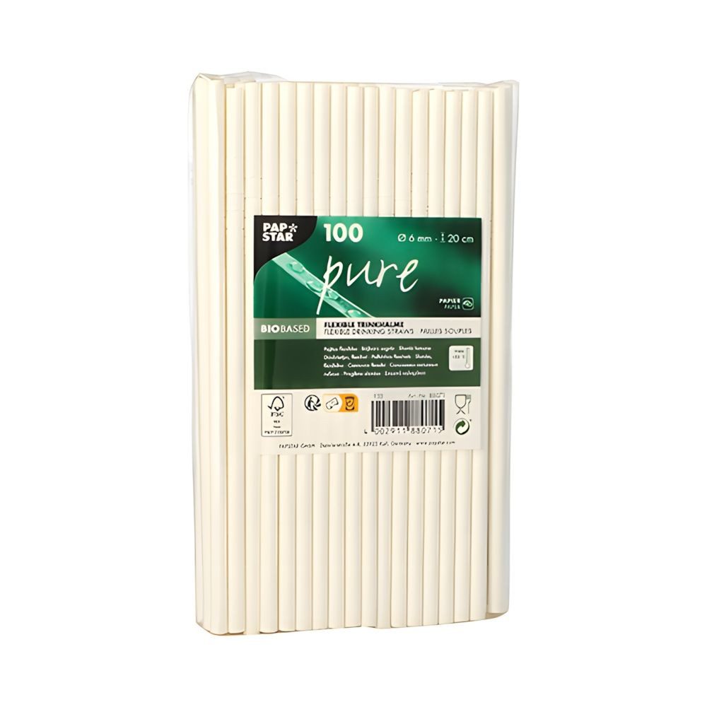 PAPSTAR Trinkhalme Trinkhalme Papier pure Ø 6 mm, 20 cm weiss flexibel 100 Stk