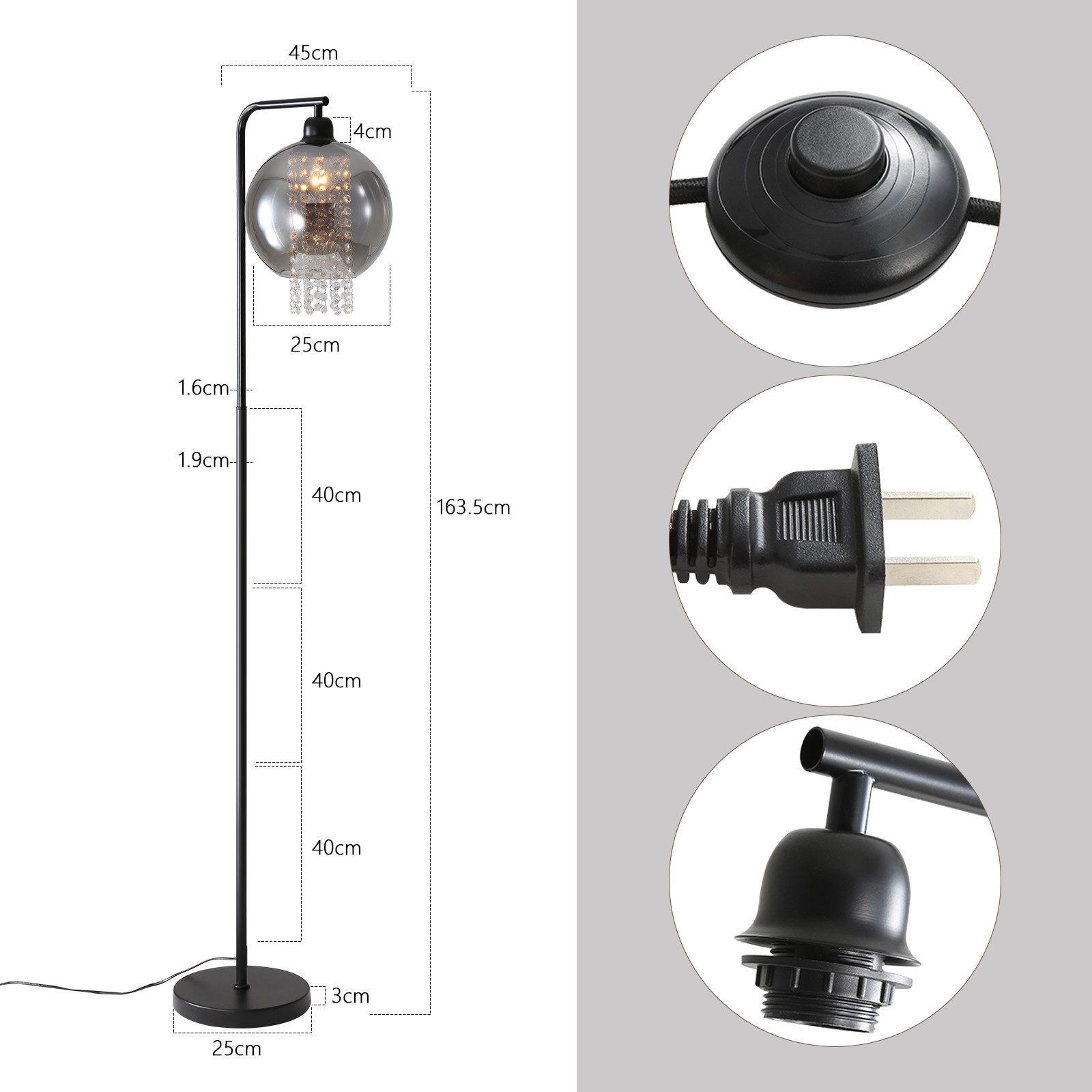 ZMH Stehlampe Innen 1 Flammig E27 Rauchgrau Standleuchte Groß Kristall für Büro Sofa, Einfache Installation, ohne Leuchtmittel, Modern mit Fußschalter Design Glaskugel Kinderzimmer Hotel