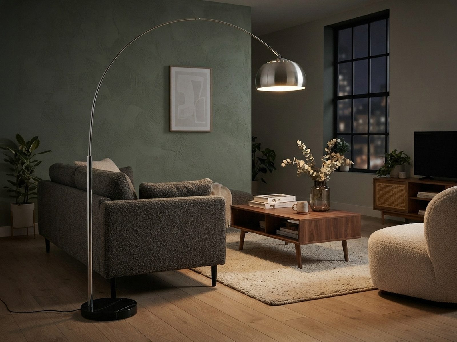 TRIO Leuchten LED Bogenlampe Metall Silber mit E27 LED, Höhe 200cm, dimmbar, LED wechselbar, Warmweiß, Bogen-Stehlampe große Ausladung, Bogenleuchte Wohnzimmer & Esstisch