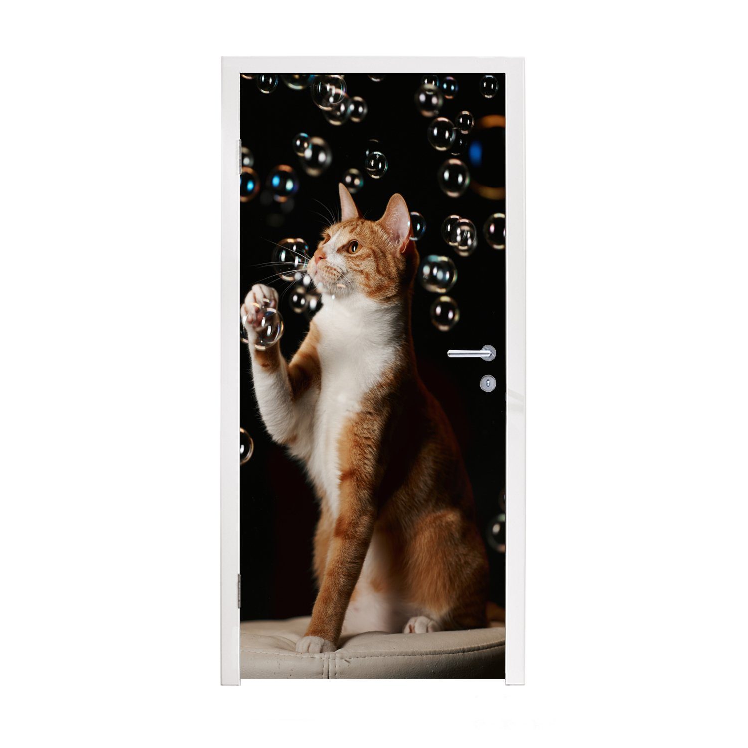 MuchoWow Türtapete Rote Katze mit Blasen, Matt, bedruckt, (1 St), Fototapete für Tür, Türaufkleber, 75x205 cm