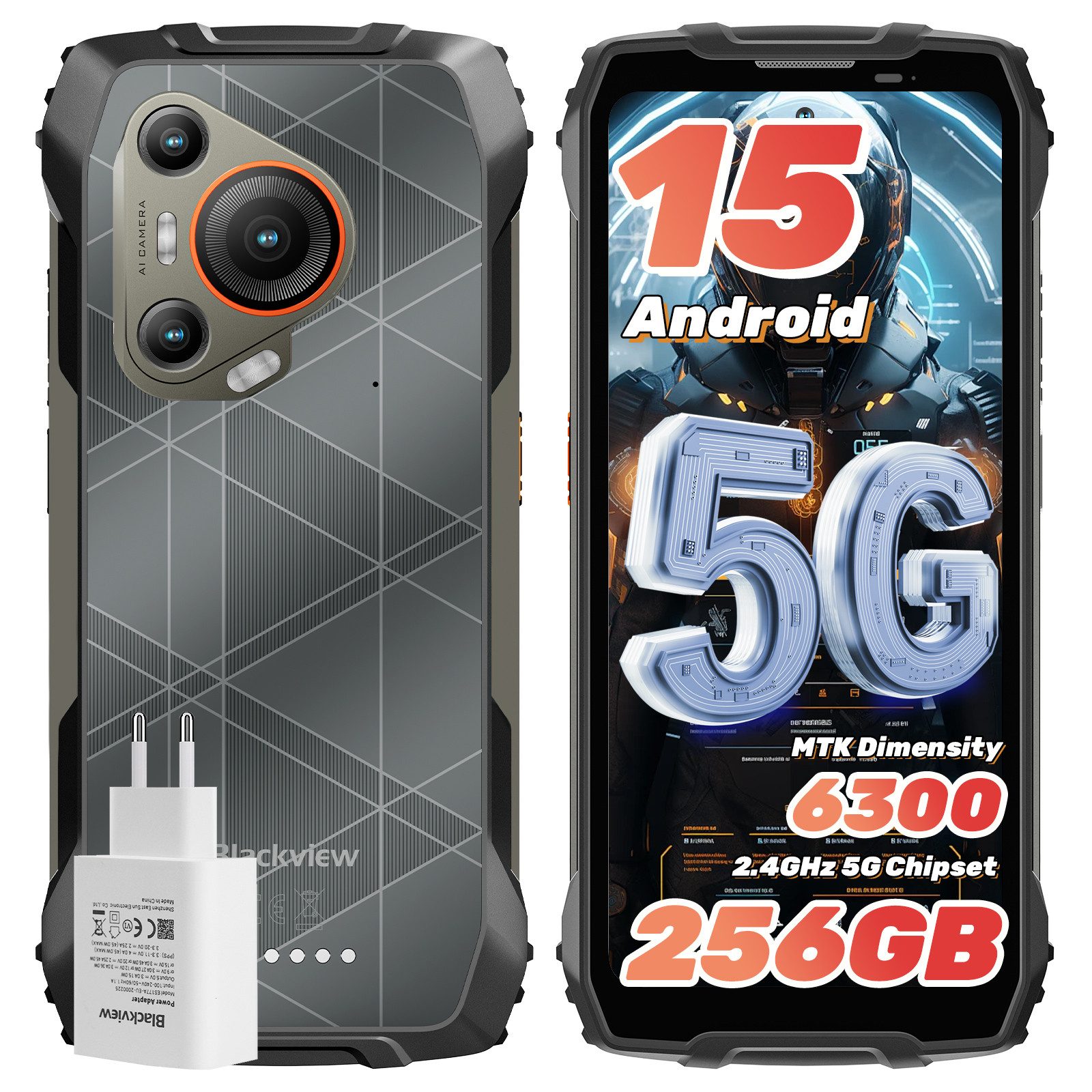 blackview BL7000 Android 15 5G incl. 45W Ladegerät Outdoor Smartphone (6.56 Zoll, 256 GB Speicherplatz, 50 MP Kamera, 6.78”, 2.4K, 750Nits, 120Hz, Dimensity 6300, NFC,7500mAh, 33W)