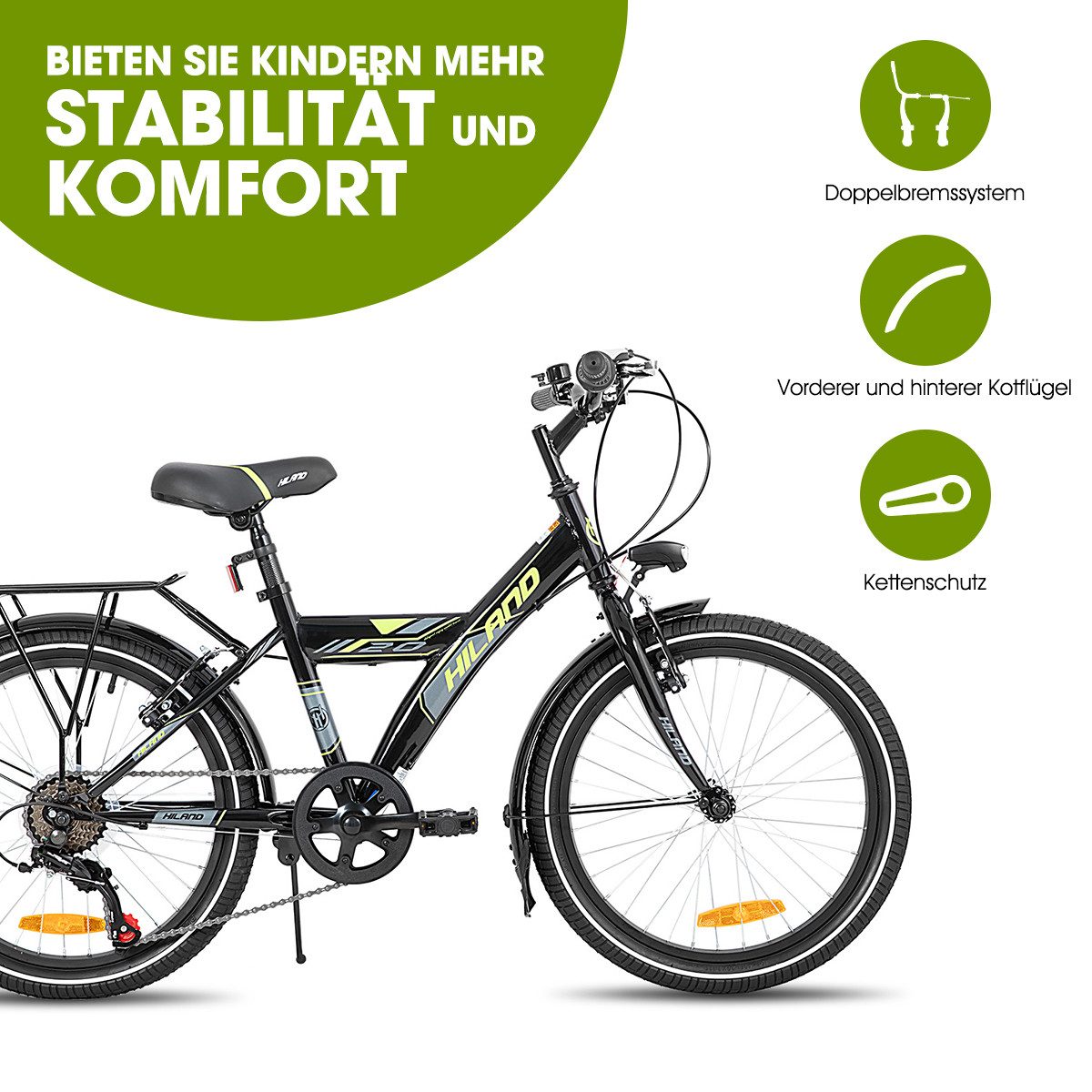 HILAND Kinderfahrrad Sentry+ 20 24 Zoll Mountainbike, MTB für Kinder Jungen Mädchen, mit 6 Gang Schaltung, Gepäckträger, Kotflügel, Fahrradklingel,V Bremse
