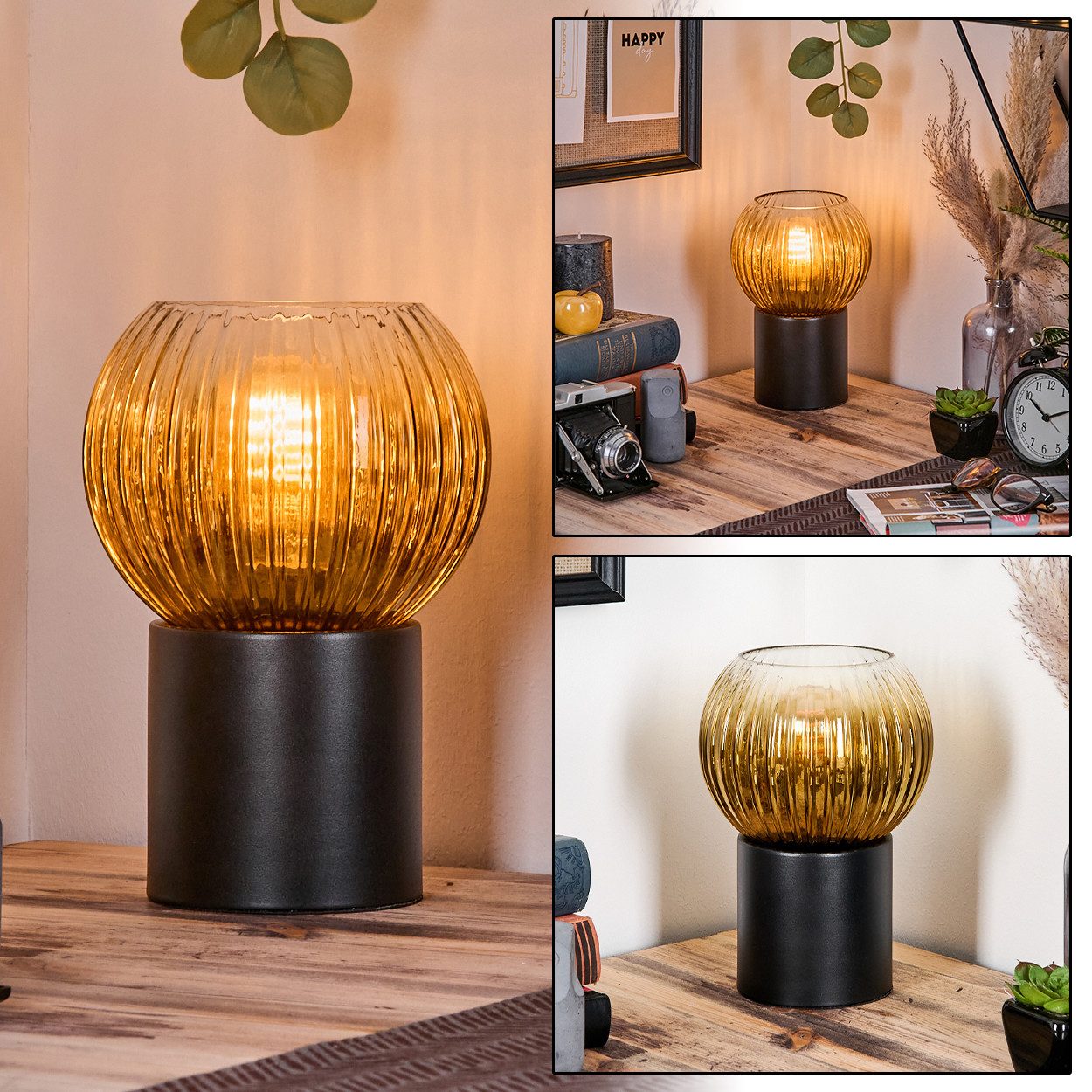 hofstein Tischleuchte Tischlampe aus Metall/Riffelglas in Schwarz/Goldfarben/Klar, ohne Leuchtmittel, Leuchte im Retro/Vintage-Design mit Glasschirm (15 cm), 1 x E14