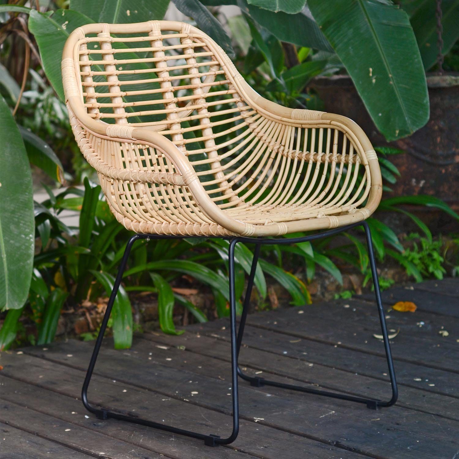Casa Moro Stuhl Rattansessel Malaga mit Armlehne aus Naturrattan  handgeflochten IDSN55, Vintage Retro-Stuhl für Küche Garten Terrasse  Esszimmer, handmade
