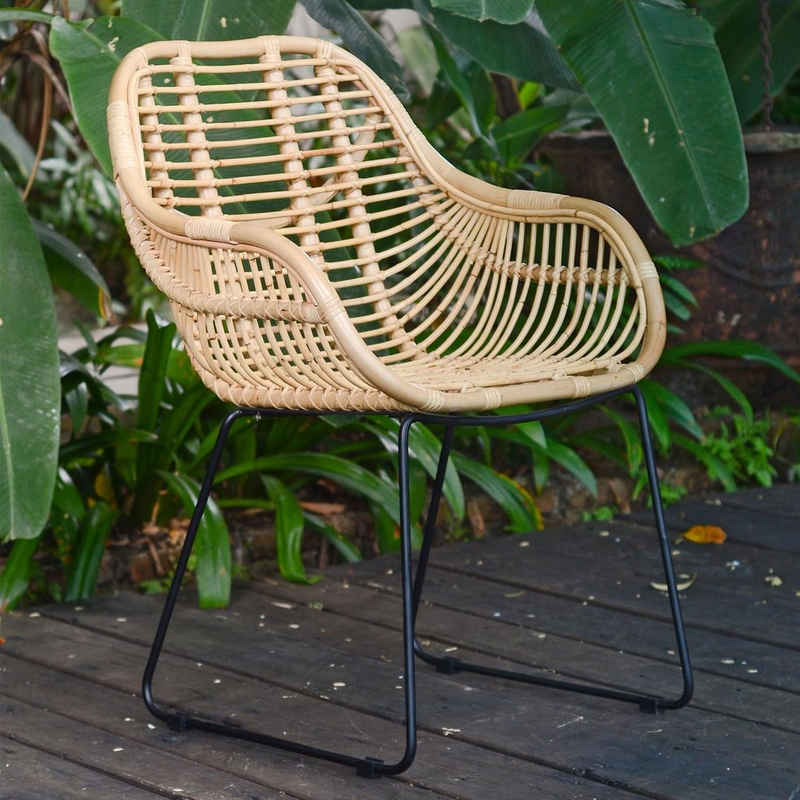 Casa Moro Stuhl »Rattansessel Malaga mit Armlehne aus Naturrattan handgeflochten IDSN55«, Vintage Retro-Stuhl für Küche Garten Terrasse Esszimmer, handmade