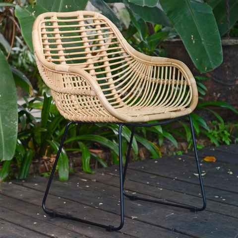 Casa Moro Stuhl Rattansessel Malaga mit Armlehne aus Naturrattan handgeflochten IDSN55, Vintage Retro-Stuhl für Küche Garten Terrasse Esszimmer, handmade