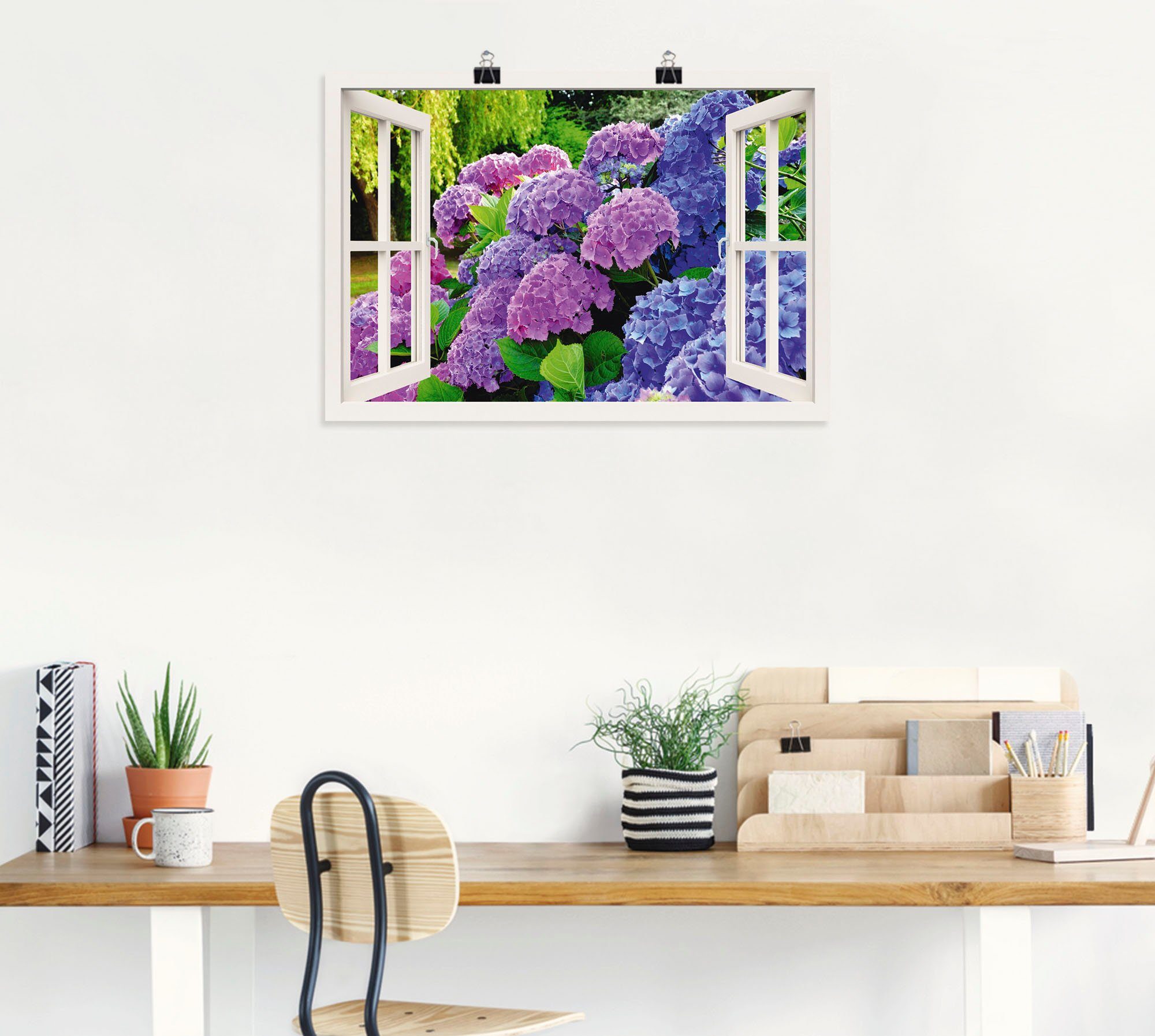 Artland Poster Fensterblick Hortensien im Garten, Blumen (1 St), ohne Rahmen