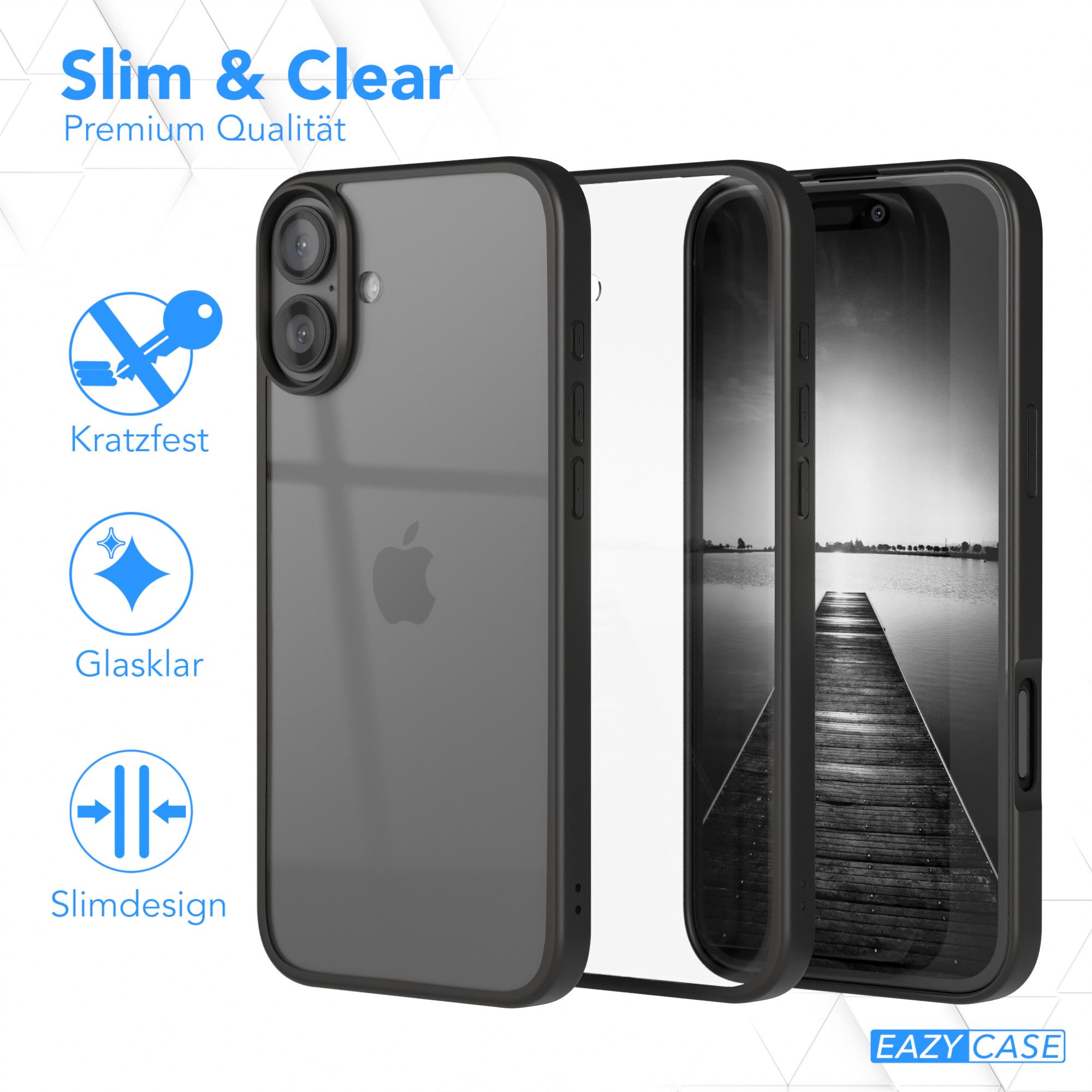 EAZY CASE Handyhülle Bumper Case für Apple iPhone 16 Plus 6,7 Zoll, Hülle Durchsichtig kratzfest Back Cover mit Displayschutz Schwarz – Bild 5 von 5