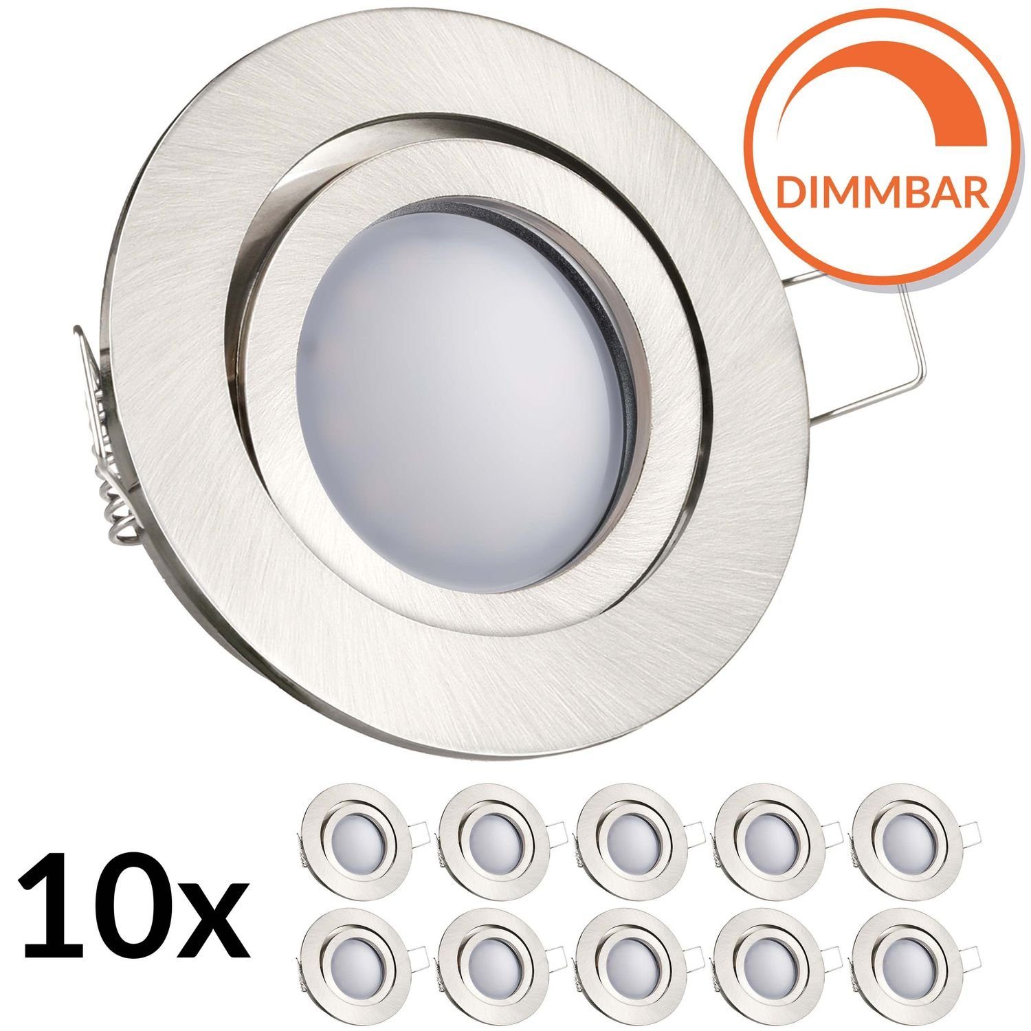 LEDANDO LED Einbaustrahler 10er LED Einbaustrahler Set EXTRA FLACH (35mm) in Silber gebürstet mit