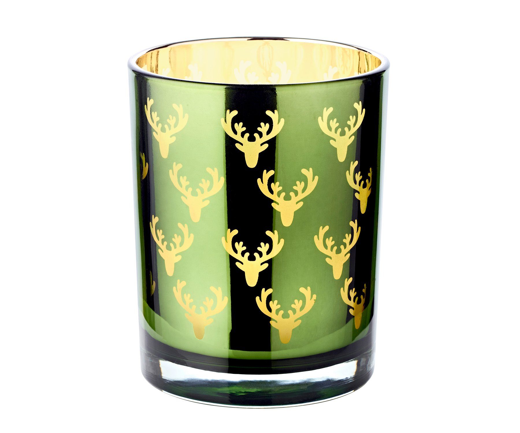 EDZARD Windlicht Hirsch, Glas, Hirsch-Motiv, grün und gold, H 13 cm, Ø 10 cm