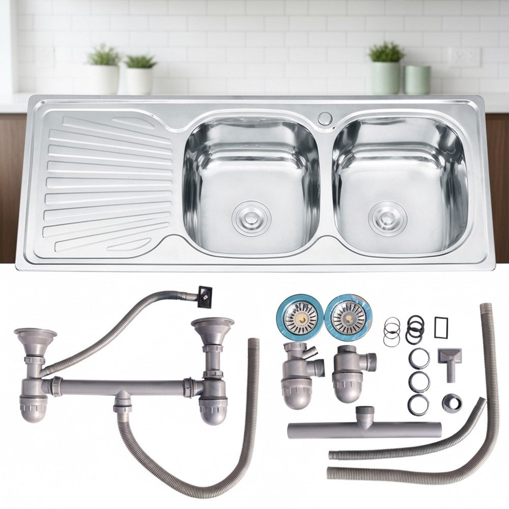 Mucola Einbauspüle Edelstahlspüle 120CM Doppel Spülbecken Ablage Einbauspüle Spülbecken, Eckig, 120/18 cm, (Stück, 1 St), Anti-Kondensbeschichtung