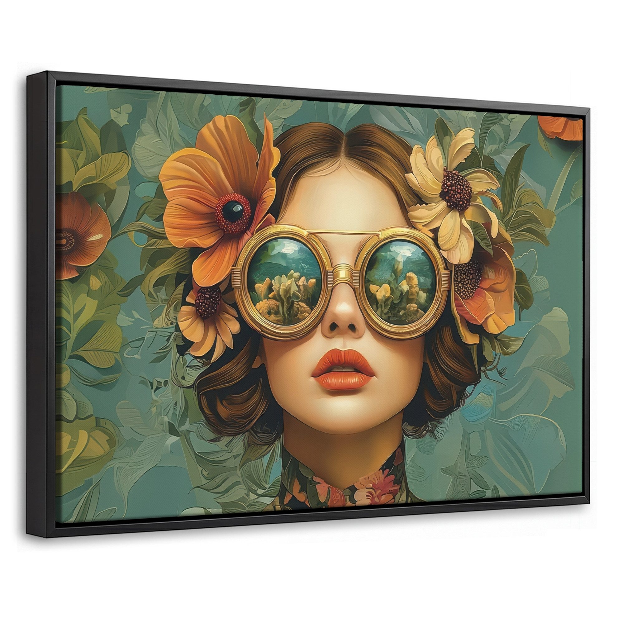 OneMillionCanvasses® Leinwandbild mit Rahmen - Frau - Blumen - Schmetterlinge - Natur - Vintage, Fotodruck (1 St), Bilder, Zimmer Wand Bild Dekoration 30x20cm