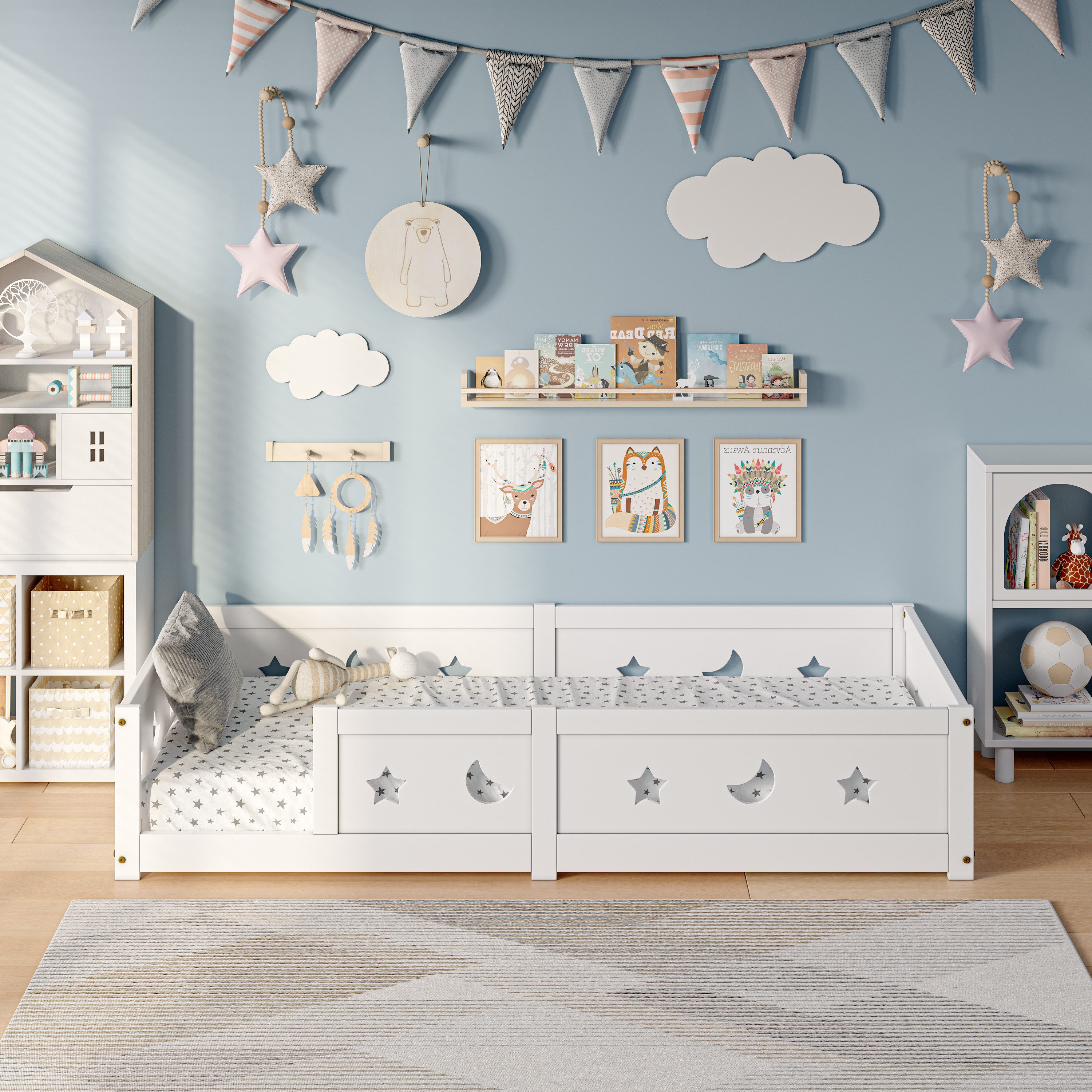 Simurq Einzelbett Kinderbett Montessori Bodenbett Einzelbett, mit Lattenrost, Stern- und Mondmuster, weiß, 120x200 cm