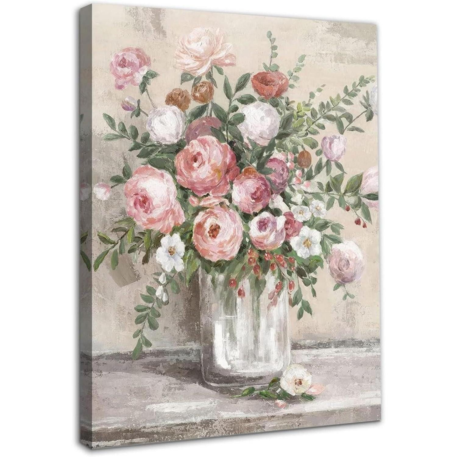 LuxusKollektion Bild mit Rahmen Wandkunst Bauernhaus Stillleben Ölmalerei 12x16 Rosa Blume Gerahmt