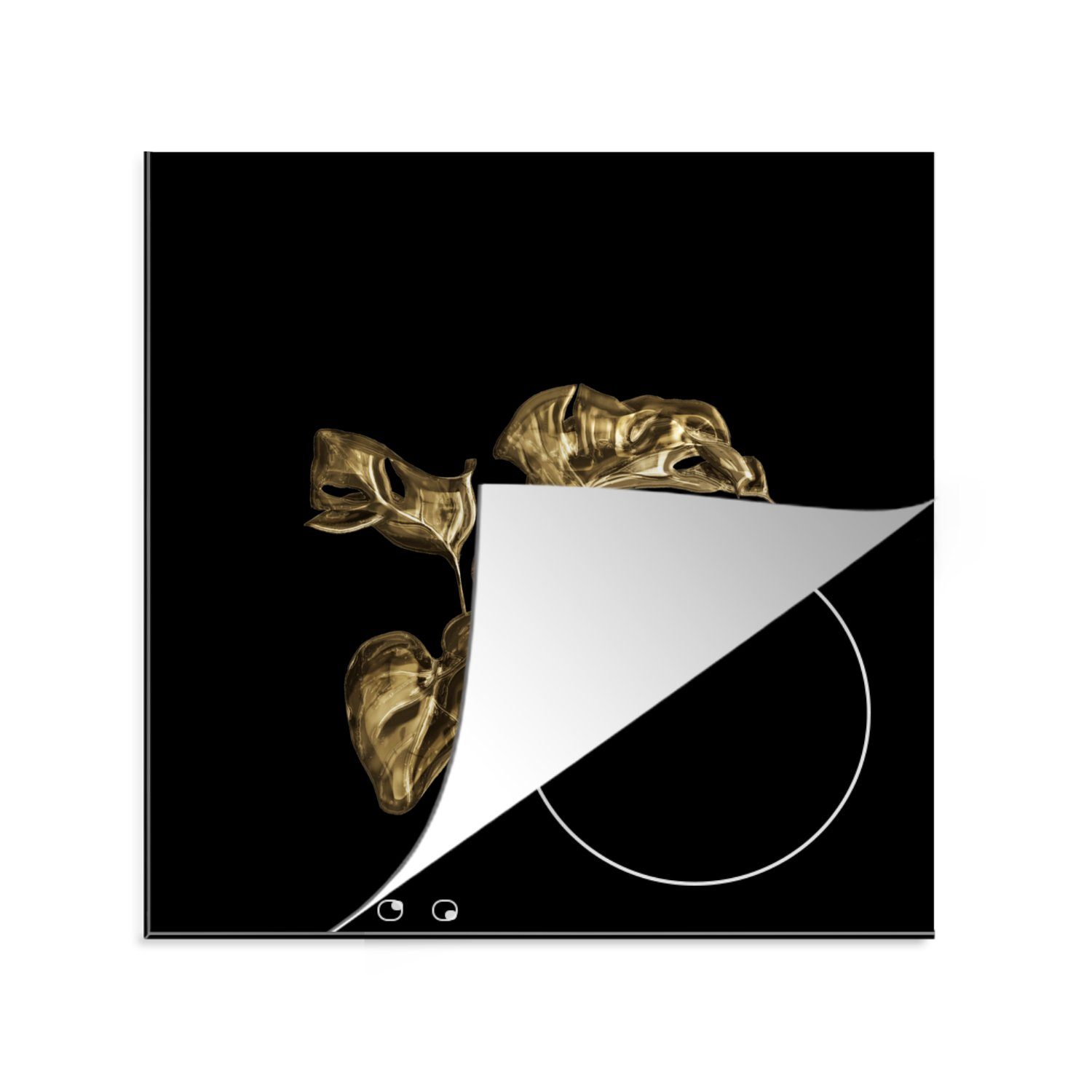 MuchoWow Herdblende-/Abdeckplatte Blätter - Gold - Pflanzen, Vinyl, (1 tlg), 78x78 cm, Ceranfeldabdeckung, Arbeitsplatte für küche | Herdabdeckplatten