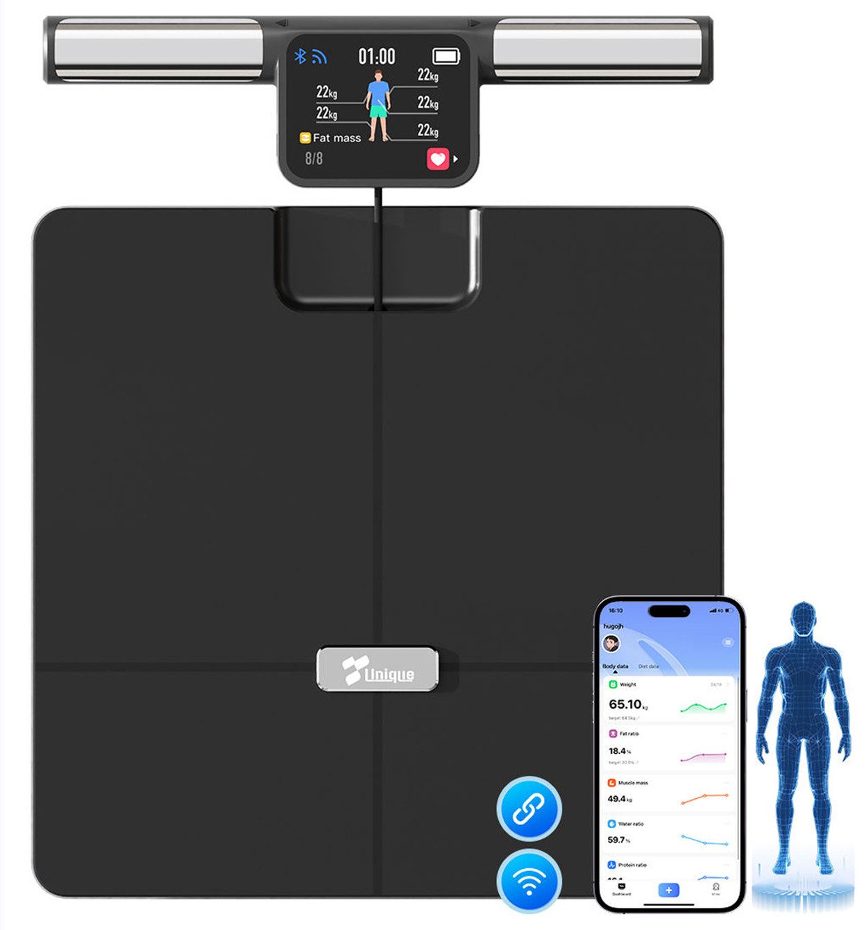 pedete Körper-Analyse-Waage Fitness Körperfettwaage mit 8 sensoren,App-Steuerung,Bluetooth, mit App zur Übertragung und Tracking der Messwerte, Smart Waage Personen, Körper & Viszeralfett, Muskelmasse, BMI & RMR,Tragkraft 180 kg.