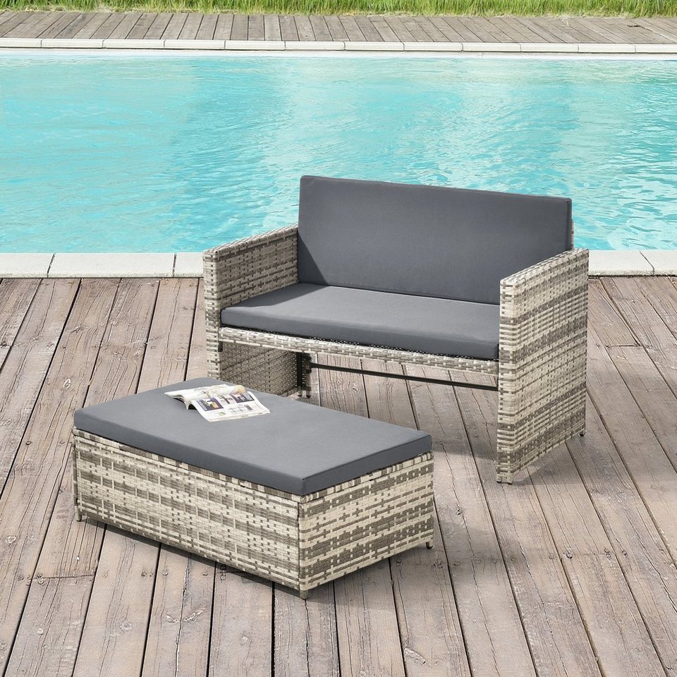 en.casa Gartenmöbelset, (2-tlg), »Segovia« Sitzgruppe 2 tlg. Sitzbank mit Couchtisch Gartengarnitur Polyrattan mit Kissen Beige/Grau
