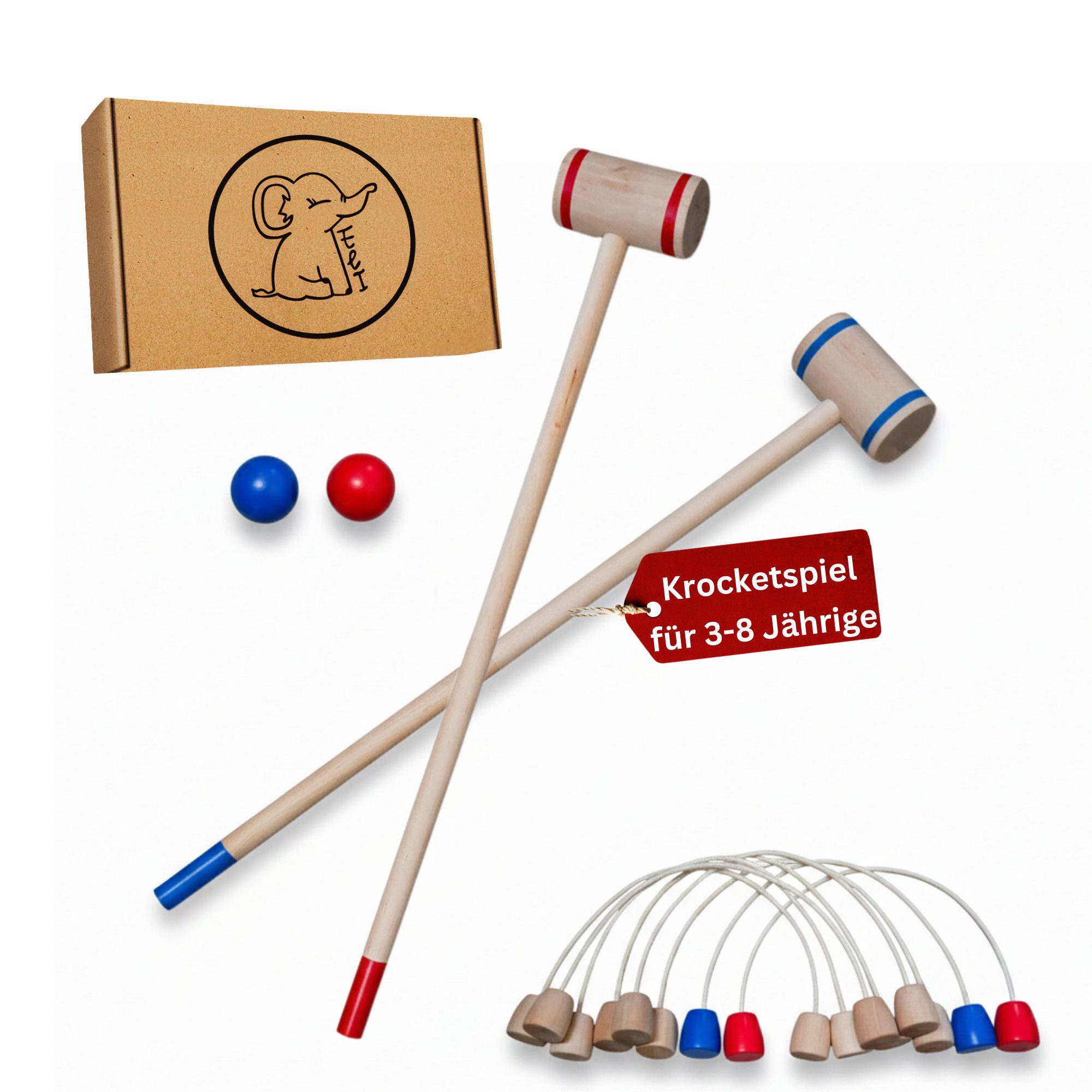 Eli Spielzeug-Gartenset Krocket Spiel für Kinder inkl Schläger - Ziele und Bälle aus Holz, (Crocket Set für Indoor und Outdoor, pielzeug ab 3 Jahre), ergonomische Griffe - Holzspielzeug