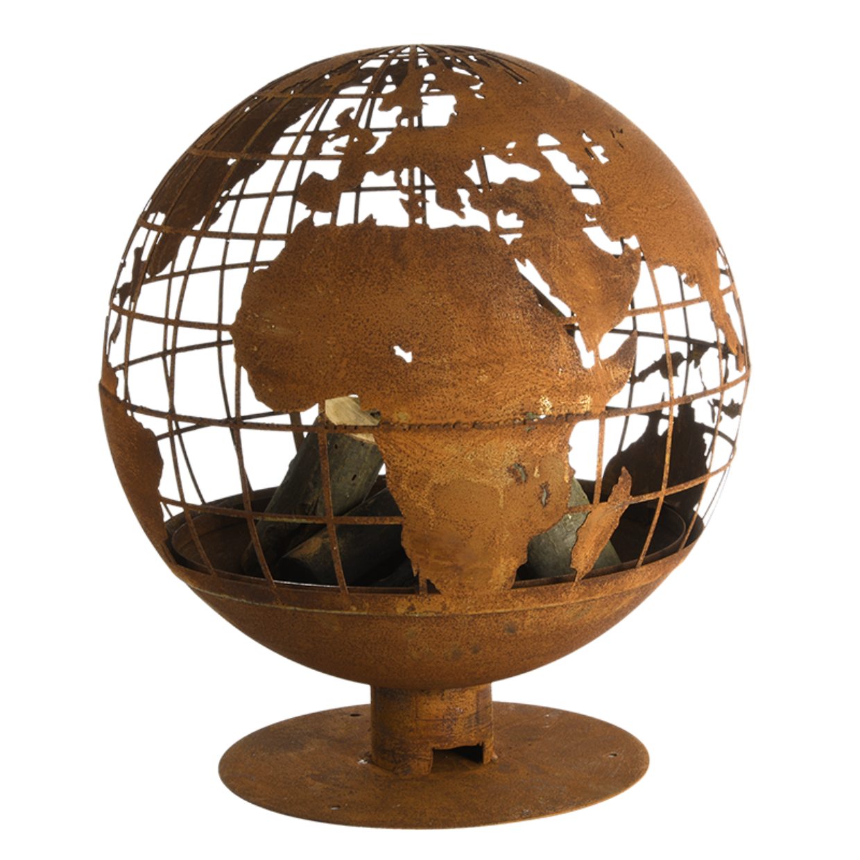 Feuerschale Feuerball 58x56x66cm in Rost Optik "Weltkugel" in braun aus Weichstahl