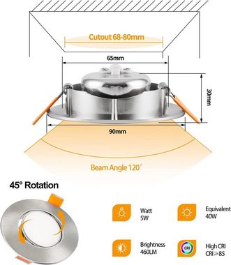 Diyarts LED Deckenspots, LED fest integriert, Warmweiß, Einbauleuchte, mit, Ultraflachem Design, Helligkeitssteuerung, 5W Leistung, Set mit 6 Strahlern