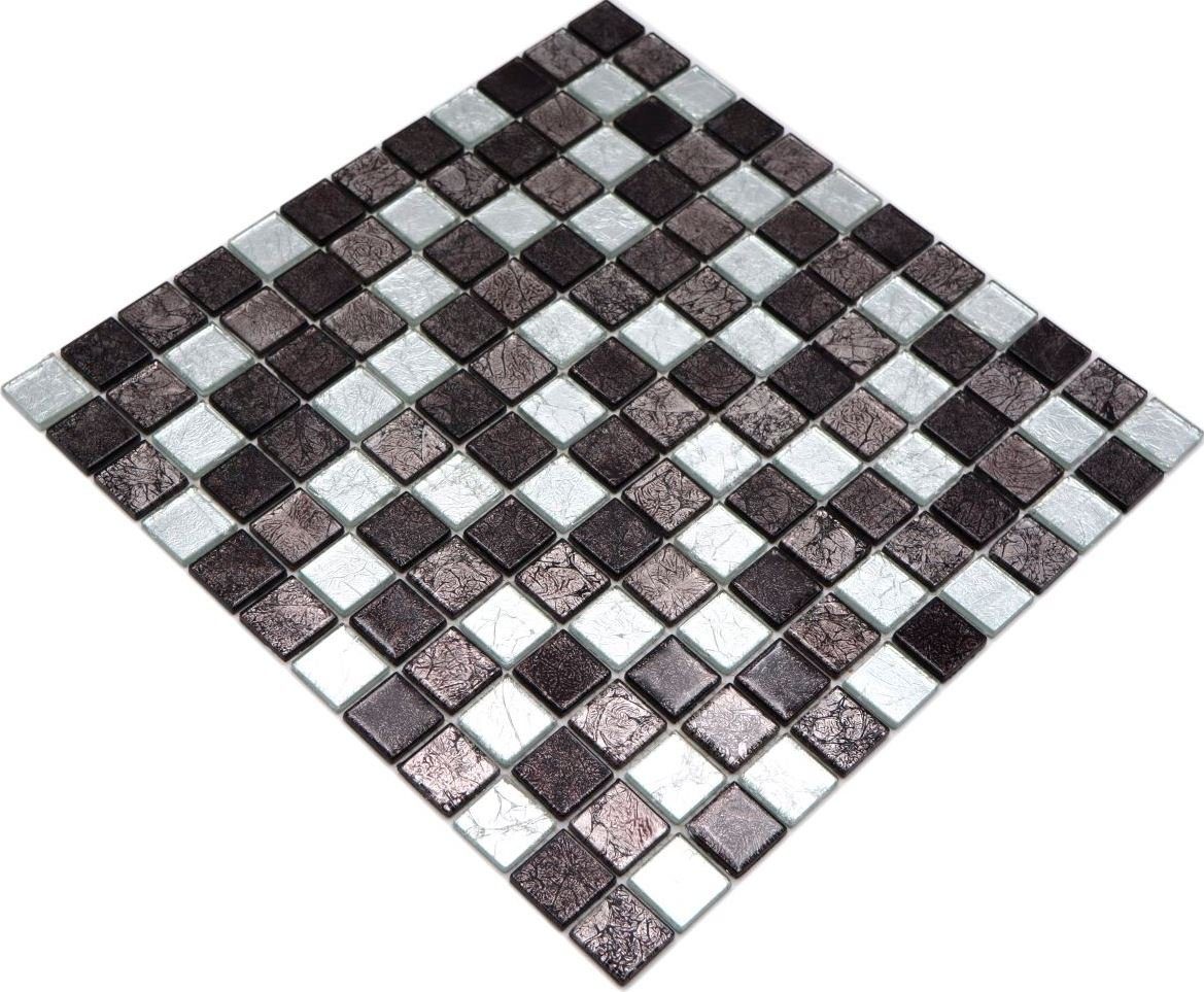 Mosani Mosaikfliesen Glasmosaik Crystal schwarz glänzend 10 silber / mix Matten