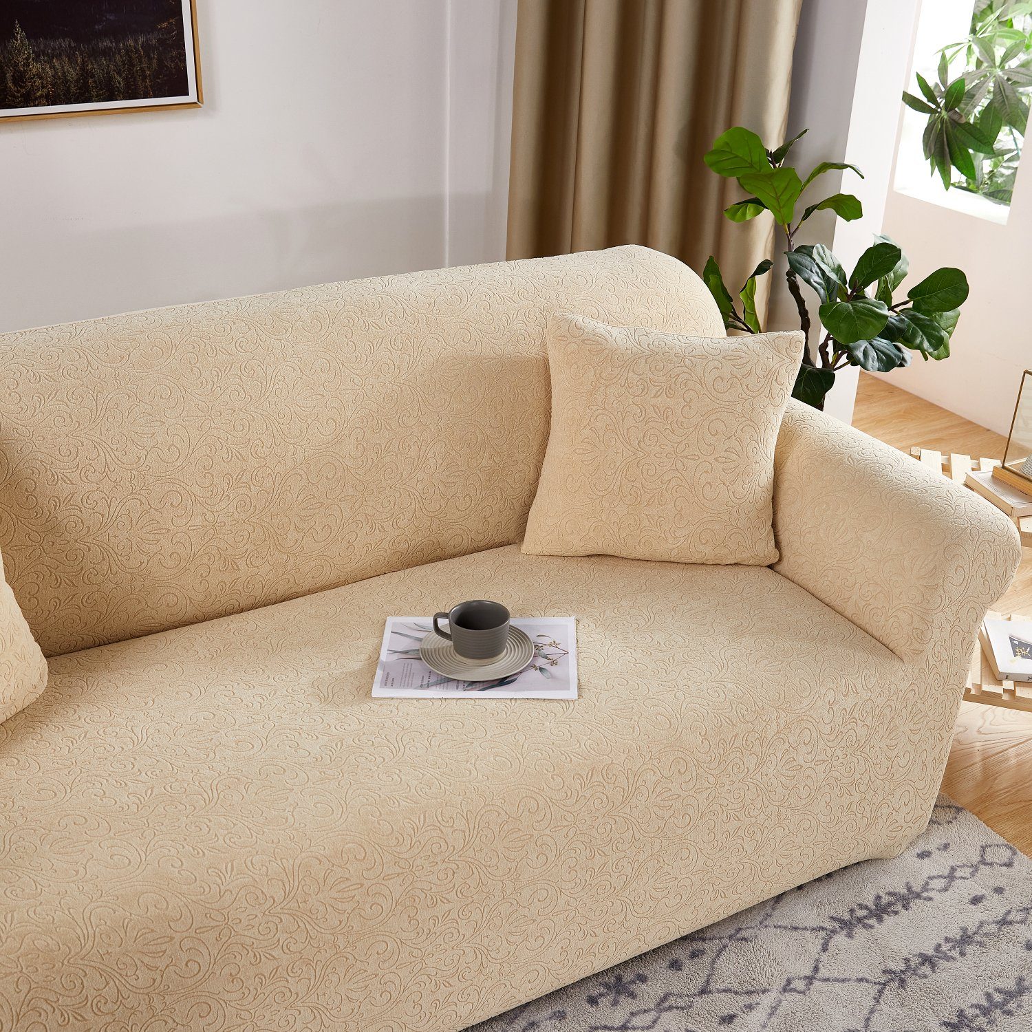 Jacquard-Couch-Sofabezüge, Beige-A HOMEIDEAS, Sofahusse, Möbelschutzbezug Stretch