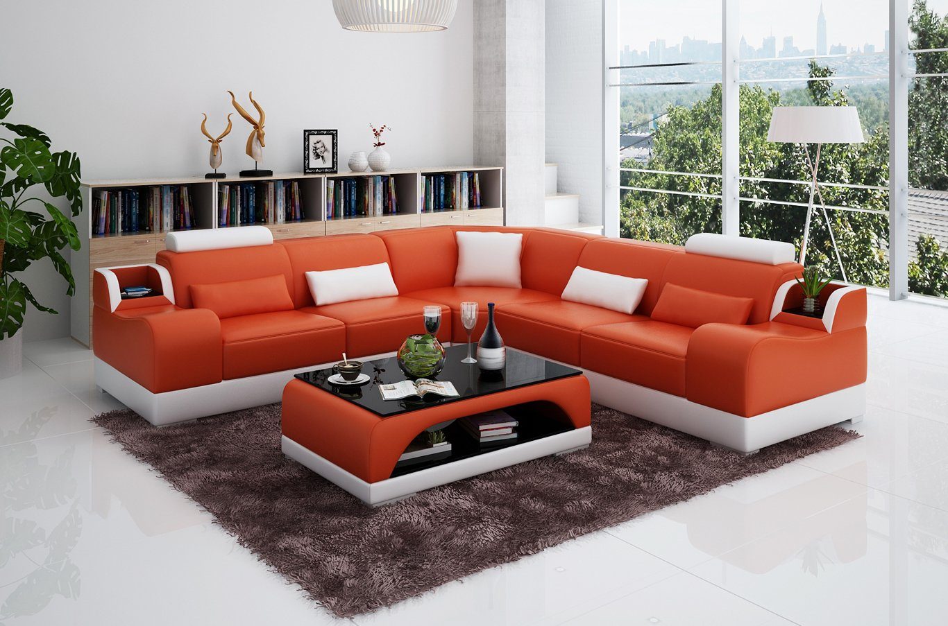 JVmoebel Ecksofa Ecksofa Couch Polster Wohnlandschaft Eck Garnitur Ecke Leder Sofa, Made in Europe Orange/Weiß
