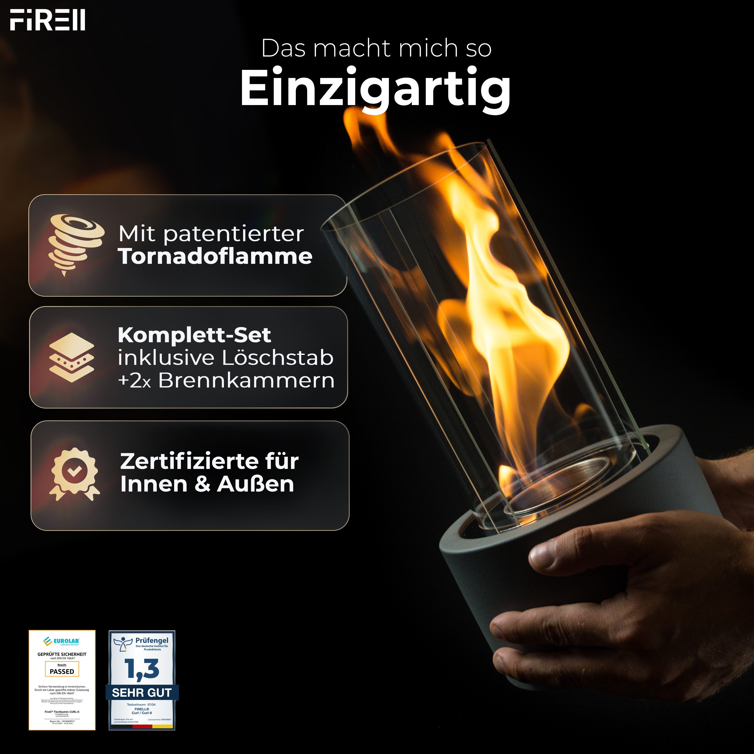 FIRELL Tischfeuer Ethanol Tischkamin Indoor & Outdoor Echtfeuer-Dekokamin (aus massivem Beton, Komplett-Set), Verstellbare Flamme, 2h Brenndauer, Patentierte Wirbelflamme, TÜV geprüft