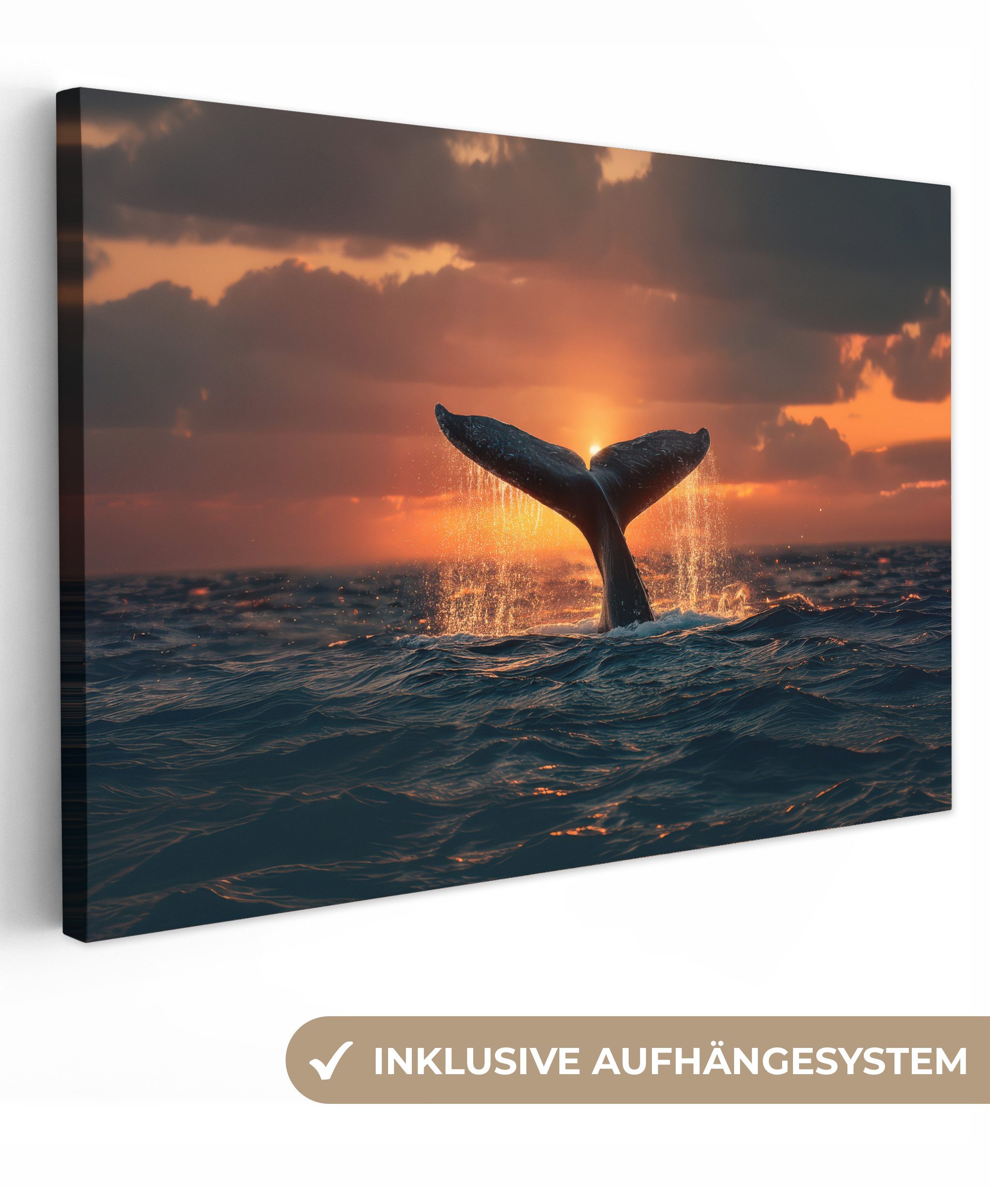 OneMillionCanvasses® Leinwandbild Schwanz eines Wals - Wasser - Sonnenuntergang, Fotodruck (1 St), Leinwand Bilder Klein, Wand Dekoration Aesthetic 30x20 cm