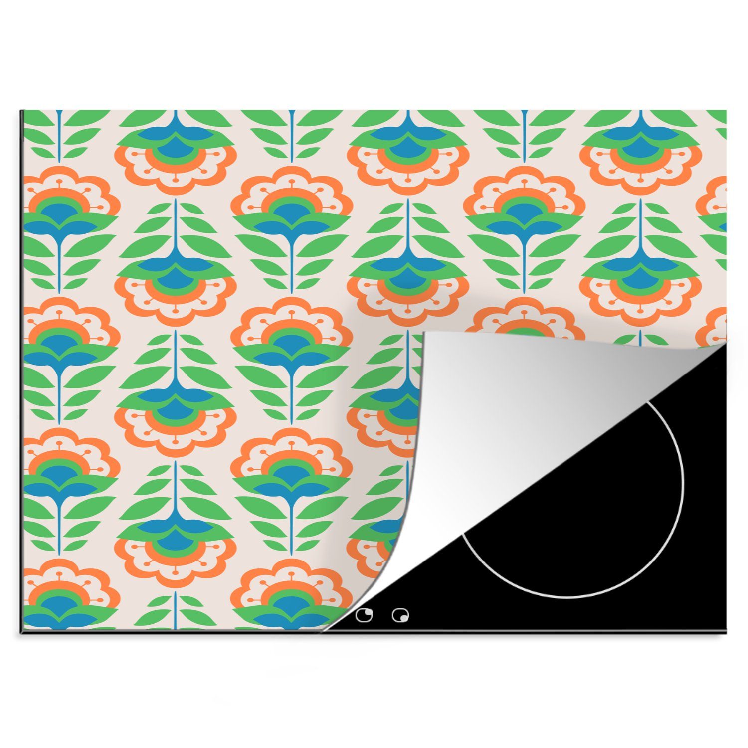 Blumen Design nutzbar, - Herdblende-/Abdeckplatte Ceranfeldabdeckung Retro - (1 - Orange, tlg), Mobile MuchoWow Vinyl, 60x52 cm, Arbeitsfläche Grün -