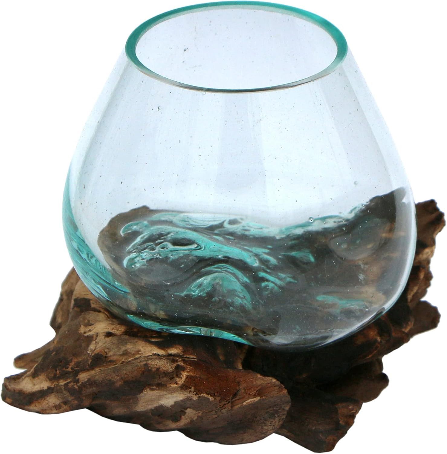 Wogeka Dekovase Glas-Vase auf Wurzelholz Teakholz günstig online kaufen