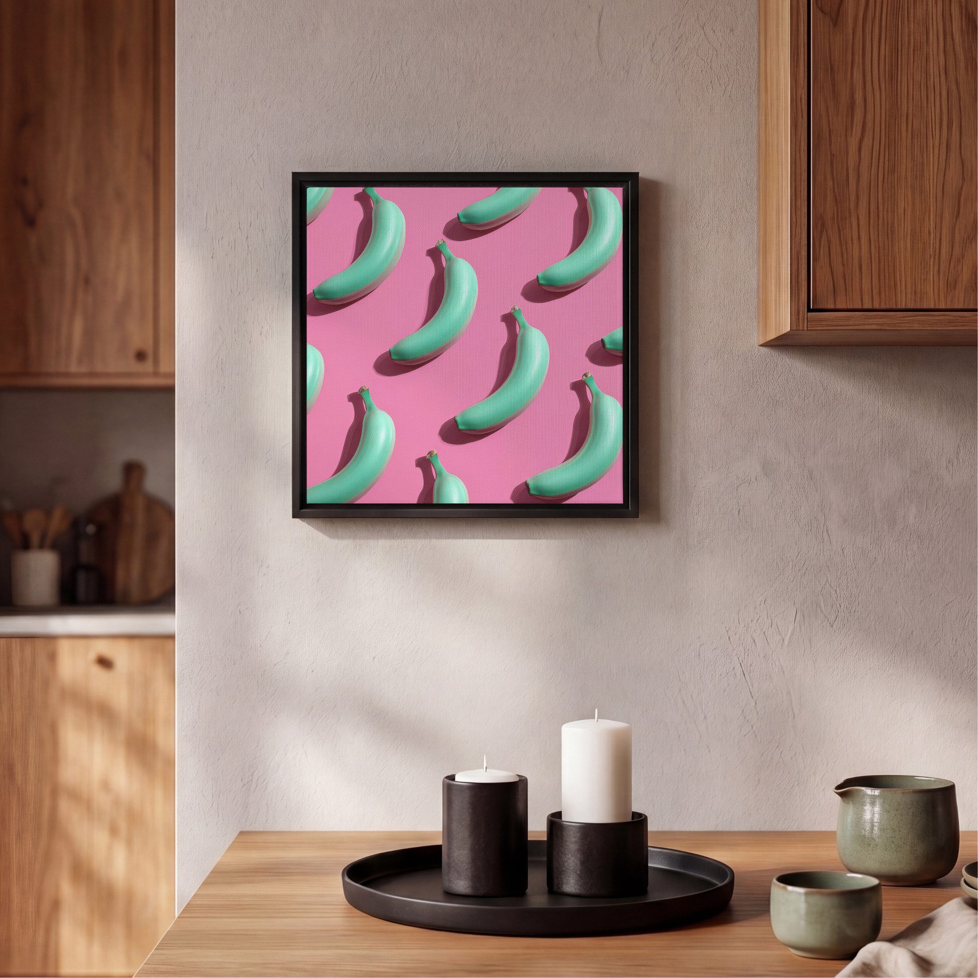 OneMillionCanvasses® Leinwandbild mit Rahmen - Bananen - Muster - Blau - Rosa, Fotodruck (1 St), Leinwand Bilder Klein, Wand Dekoration Aesthetic 20x20cm