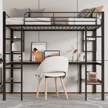 Flieks Hochbett Kinderbett Metallbett Etagenbett mit Schreibtisch und Regalen 90x200cm