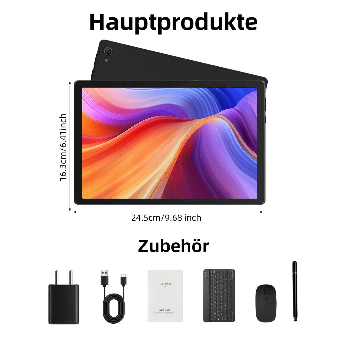BUFO 10 Zoll HD, 3 GB RAM, 64 GB Erweiterbar auf 1 TB, Android Tablet (10", 64 GB, Android 14, 2,4G/5G WiFi, Dual-Kamera, HD 1280x800, mit Tastatur, Maus und Stift)
