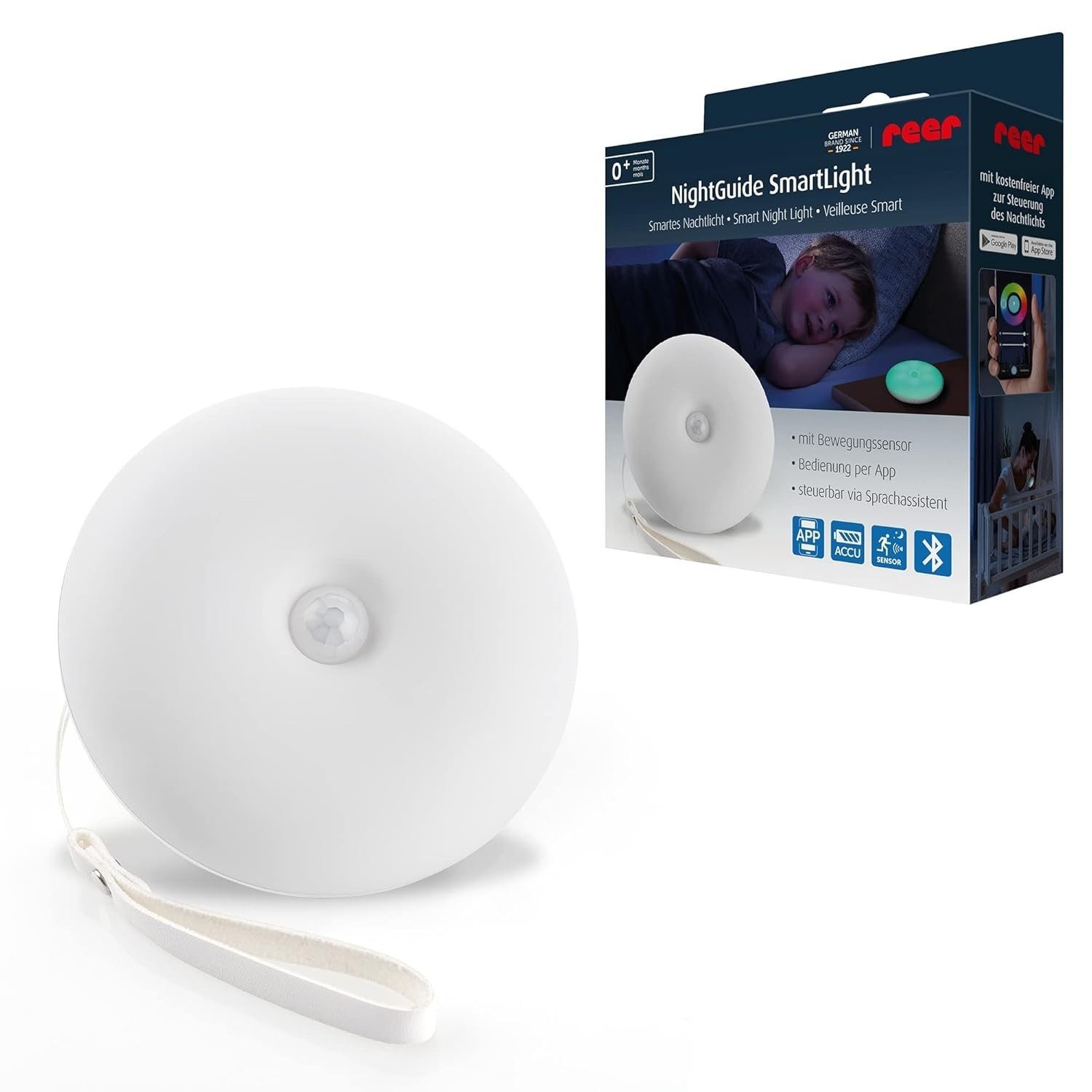 Reer Nachtlicht Smart Nachtlicht Bewegungsmelder LED Bluetooth Treppenlicht Nachtlampe, Warmweiß & RGB (16 Millionen Farben), Orientierungslicht Kinderzimmer Flur Treppenbeleuchtung Flurlampe
