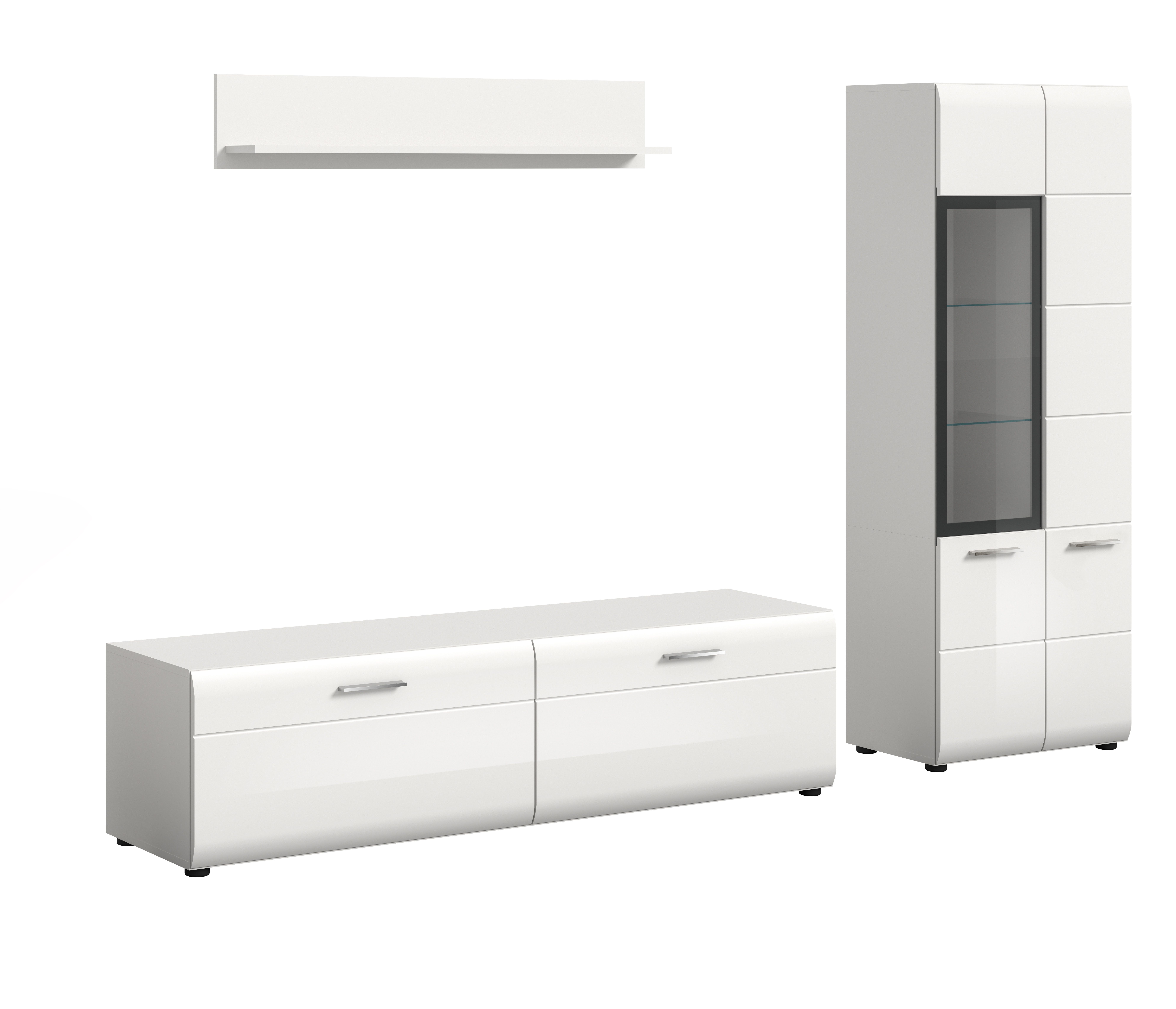 furnling Wohnzimmer-Set Ivy, (3-St., bestehend aus Lowboard, Vitrine, Wandboard), hochwertige MDF Front mit Rillenfräsung, weiß, Breite 235 cm