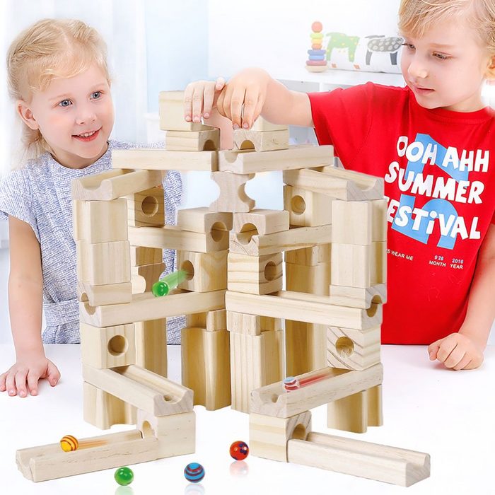 BeebeeRun Kugelbahn Kugelbahn Set 60 Stück (pielzeug aus Holz für Kleinkinder ab 3 Jahre) Montessori Holzspielzeug