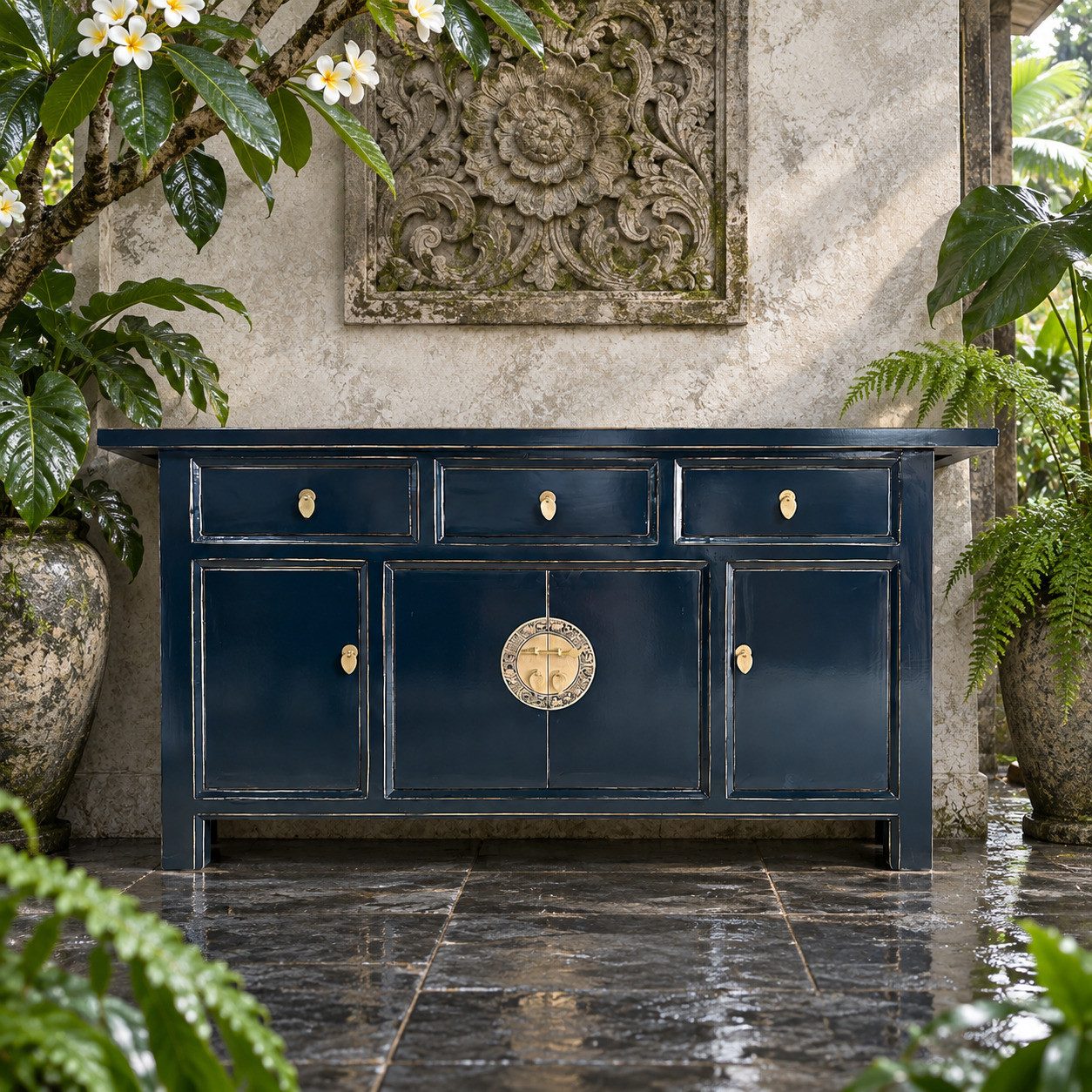 OPIUM OUTLET Sideboard Kommode Schrank Asia Möbel komplett montiert (asiatisch chinesisch orientalisch, aus Holz, Schrank Hochzeitsschrank Anrichte Büffet Vitrine), B x T x H: 170 x 45 x 85 cm, dezenter Vintage-Stil