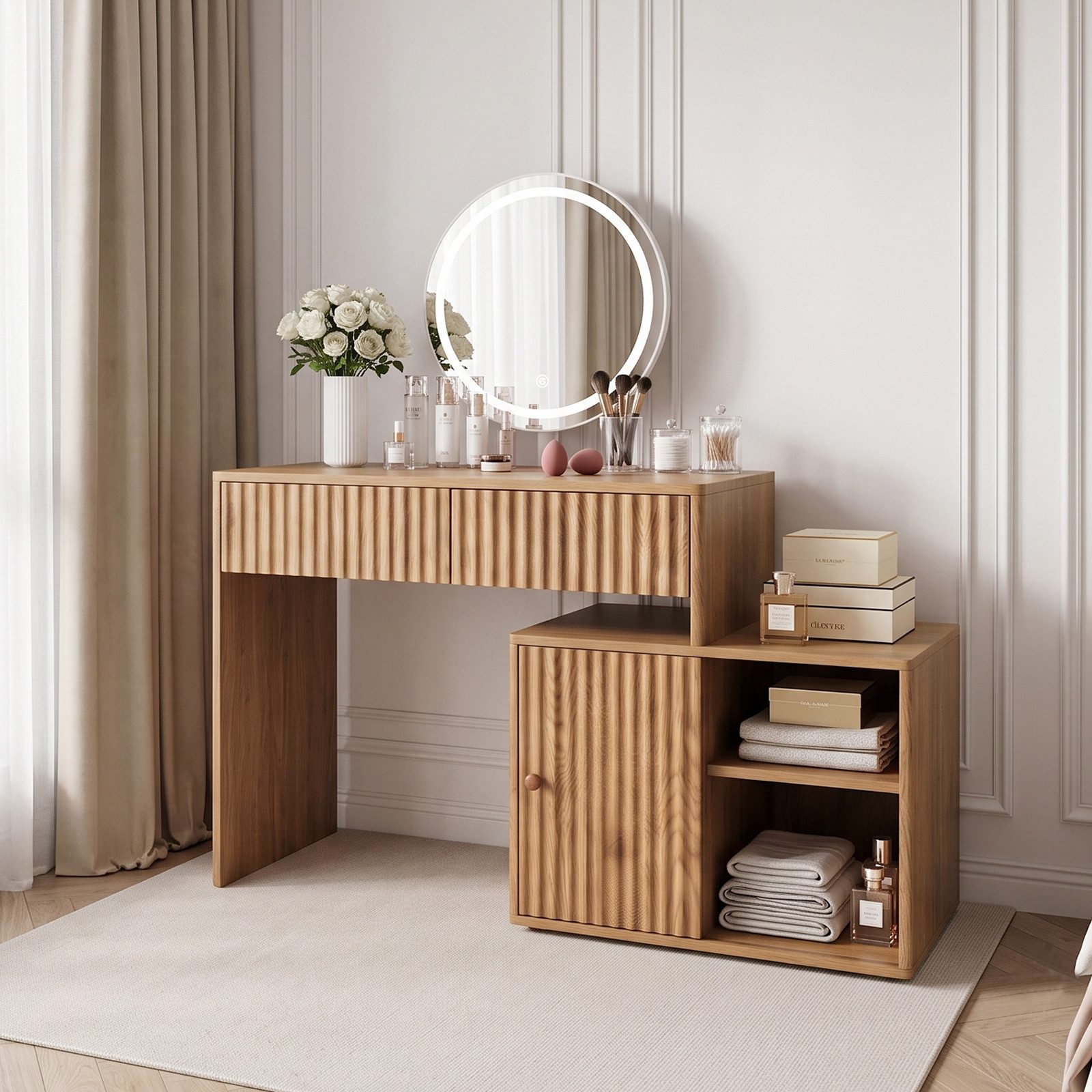 Jiexi Sideboard Sideboard 137cm in Eiche-Optik, Kommode mit 6 geräumigen Schubladen