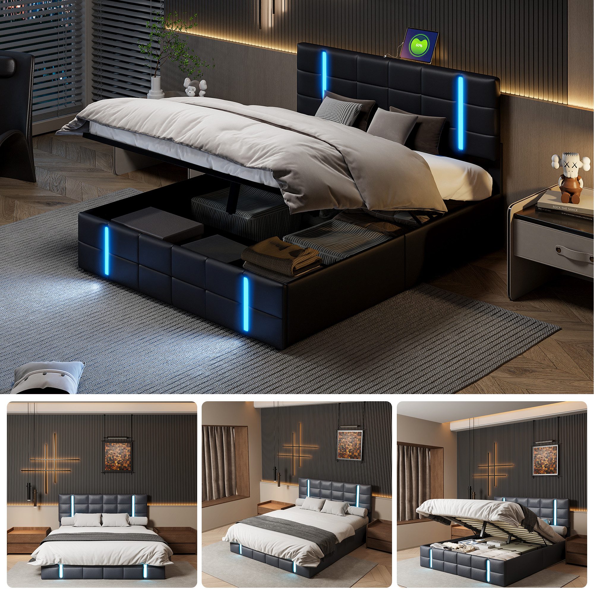 Gdood Polsterbett Doppelbett LED Stauraumbett (Hydraulisch anhebbarer Betts günstig online kaufen