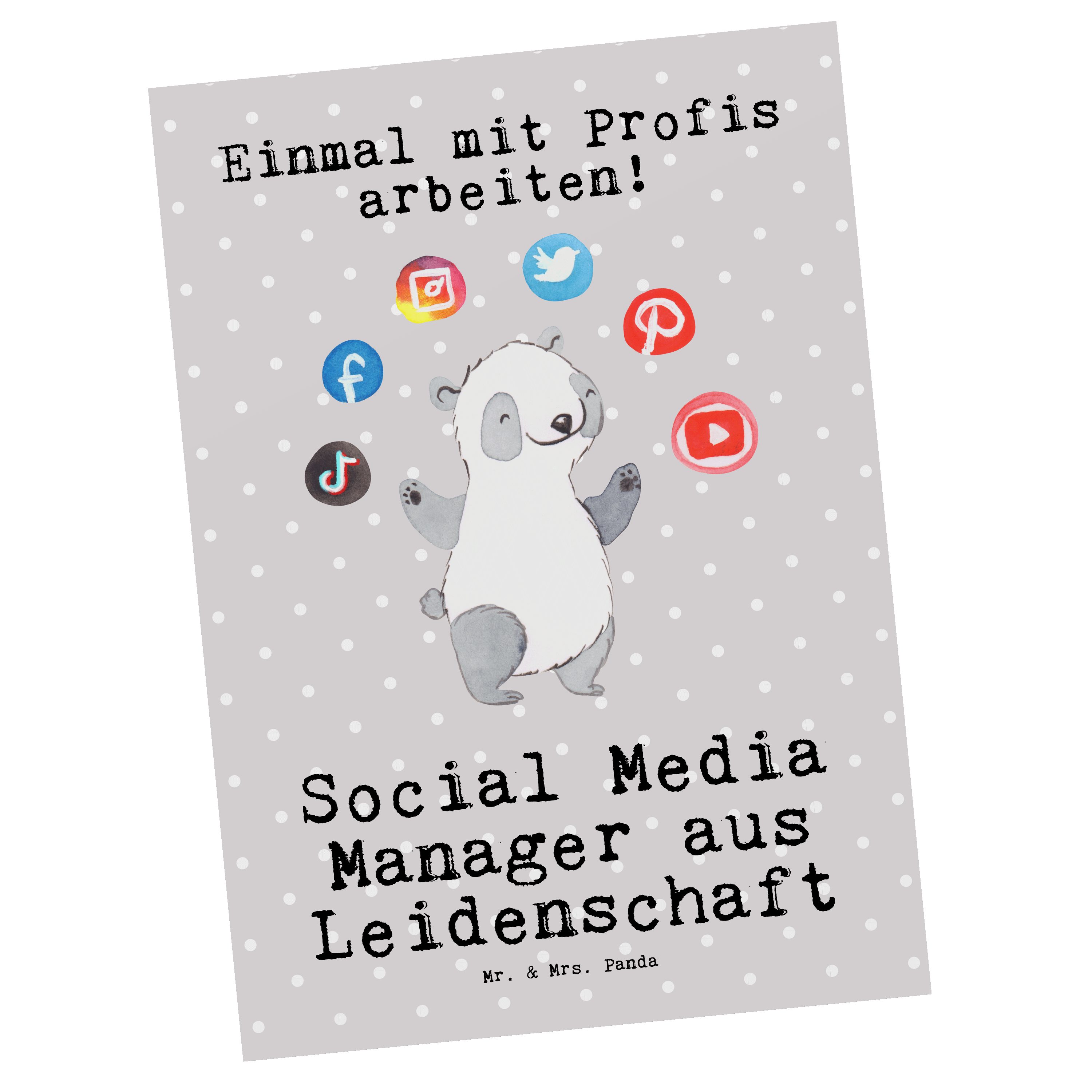 Mr. & Mrs. Panda Postkarte Social Media Manager aus Leidenschaft - Grau Pastell - Geschenk, Dank