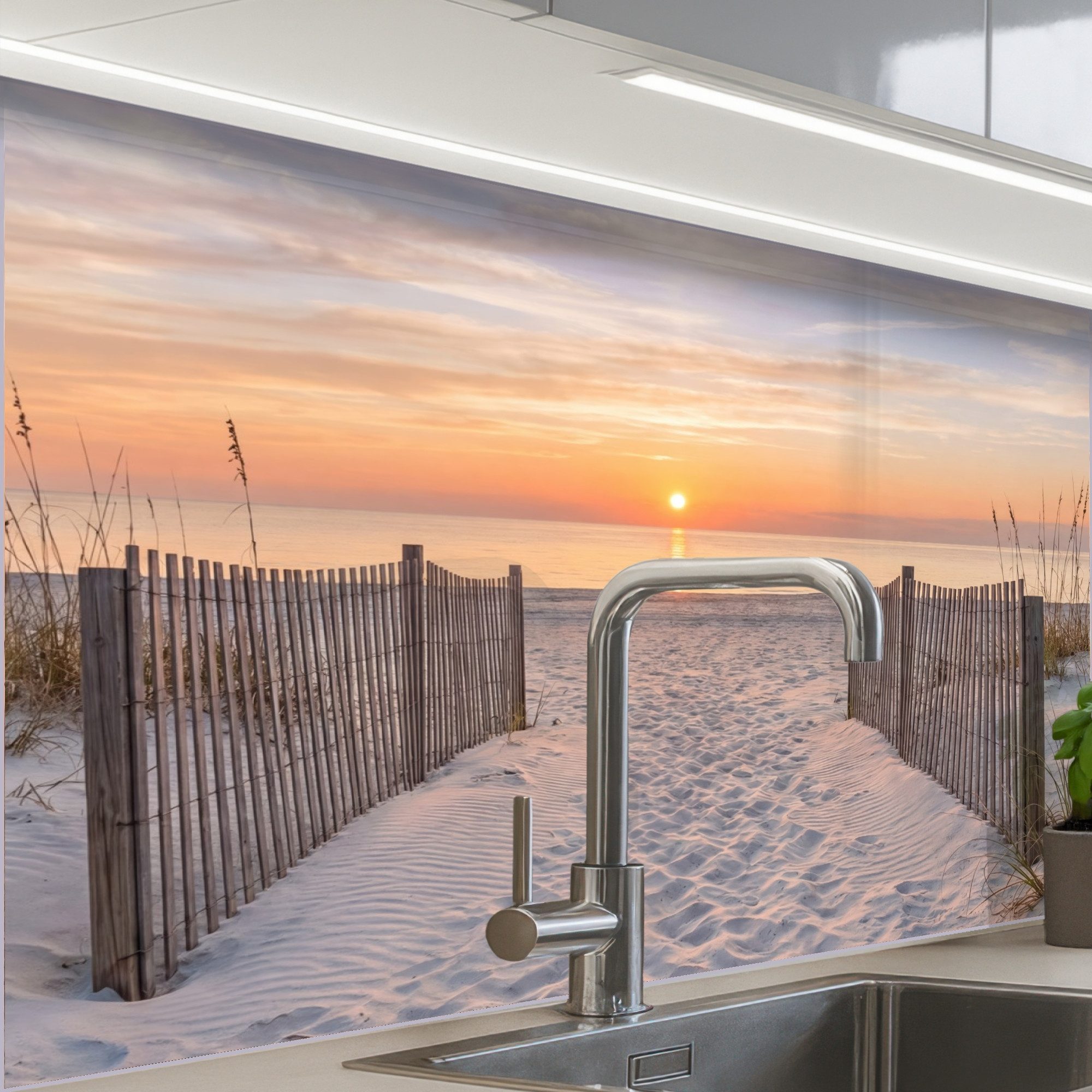 KitchenYeah Küchenrückwand Muster selbstklebend (keine Folie) Sonnenuntergang - Strand - Sand, (1-tlg), Spritzschutz, Küche, Rückwand, Küchenwand, Küchenfront, 30x20 cm