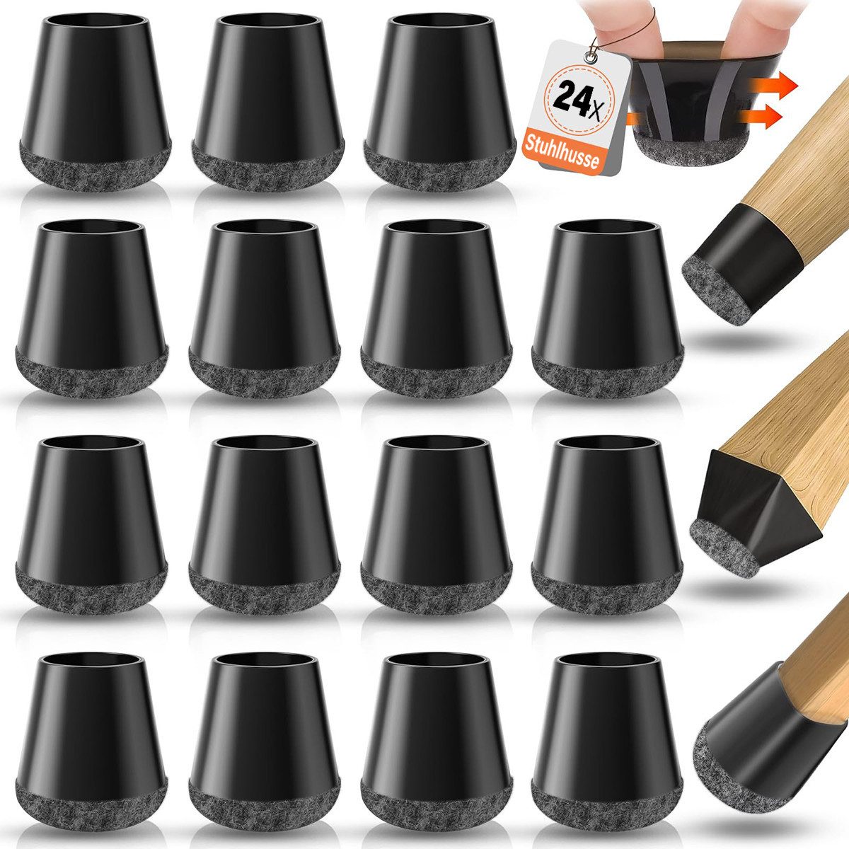 MOPUEA Stuhlsocke Stuhlbeinschoner Stuhlhusse Stuhlbeinkappen mit Filz 24 Stk, (Set, 24 St), Kratzer verhindern und Lärm reduzieren