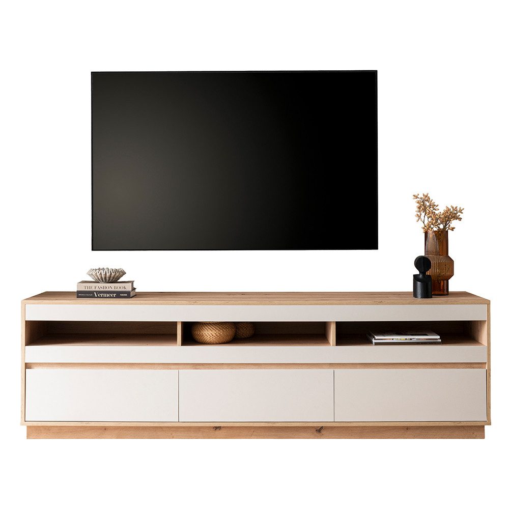 Lomadox Wohnzimmer-Set SITTEN-61, (Mega-Spar-Set, 2-St., Lowboard Wandboard), Eiche mit Kaschmir Beige, Gerätefach mit Kabeldurchlass