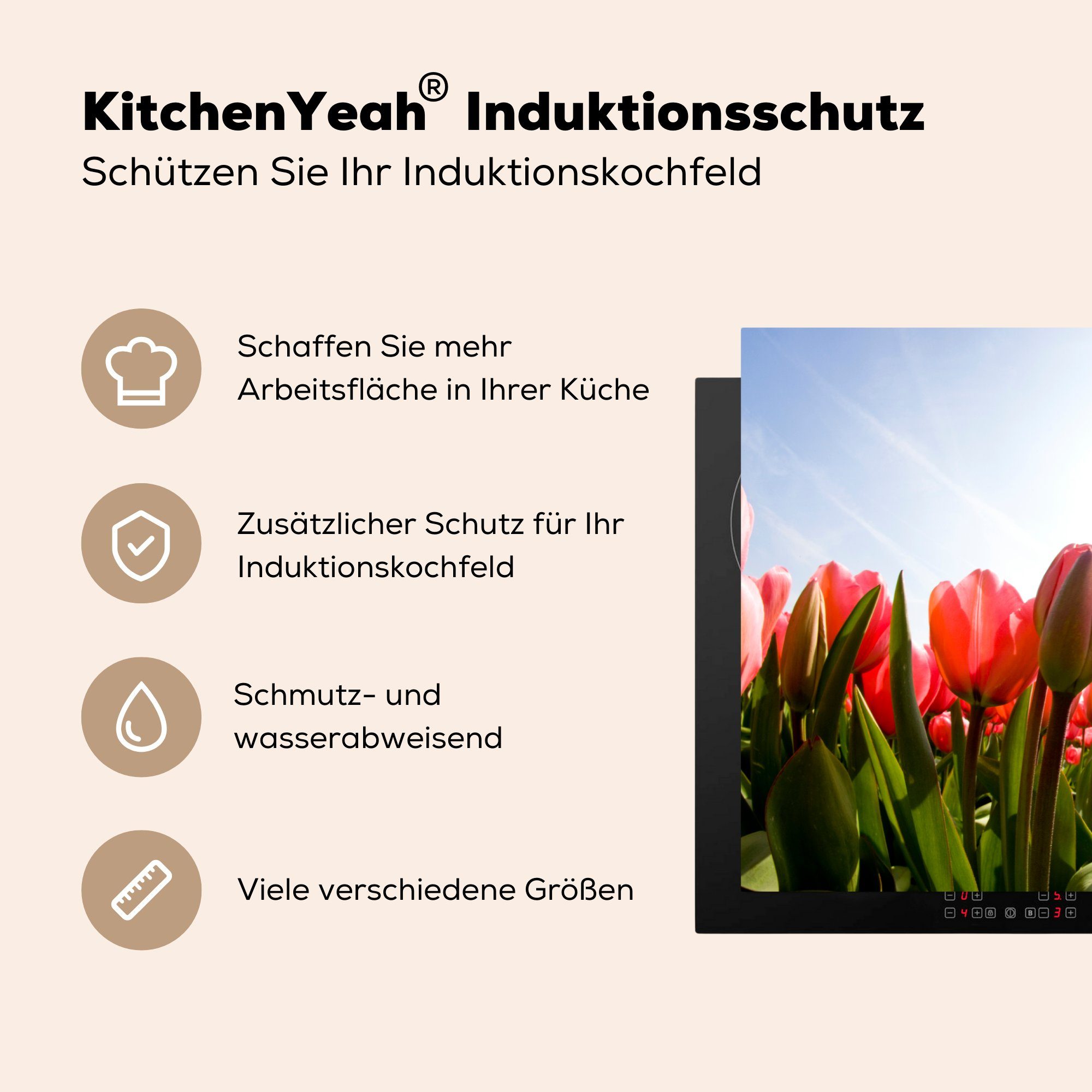Schutz die Induktionskochfeld Sonnenlicht, Tulpen tlg), Vinyl, für Ceranfeldabdeckung Rote (1 MuchoWow und Herdblende-/Abdeckplatte küche, das 81x52 cm,