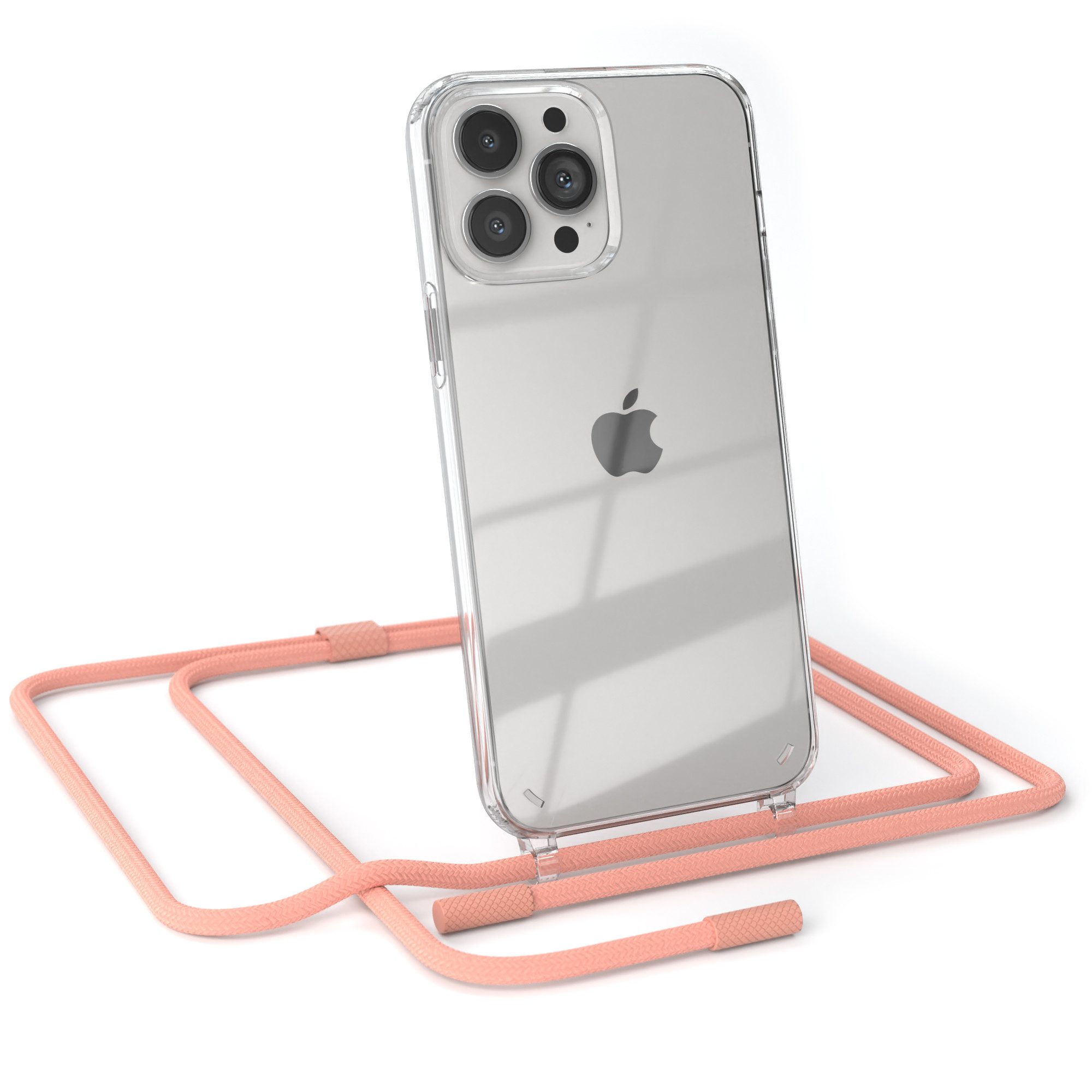 EAZY CASE Handykette Silikon Kette Unifarbe für iPhone 13 Pro Max 6,7 Zoll, Hülle mit Band 2in1 Handyband Etui Case mit Kordel Altrosa Koralle