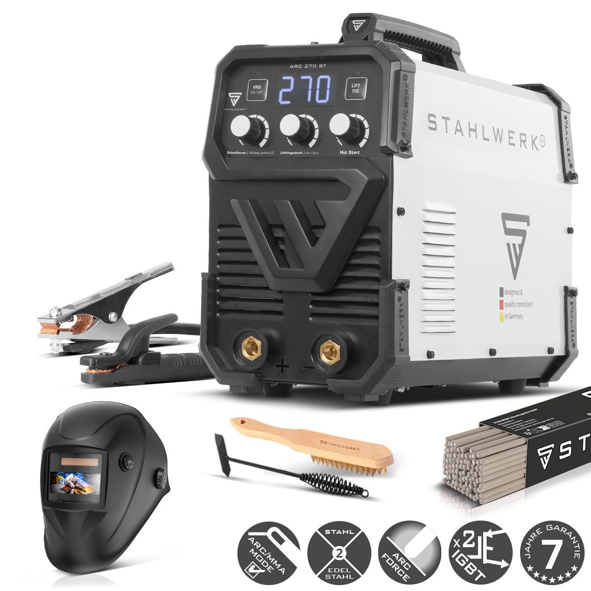 STAHLWERK Inverterschweißgerät ARC 270ST IGBT MMA Inverter - Vollausstattung, 30 - 270 A, Packung}, 5-tlg., Vollausstattung, Echte 270 Ampere & höchste Effizienz durch 400V Dreiphasenwechselstrom