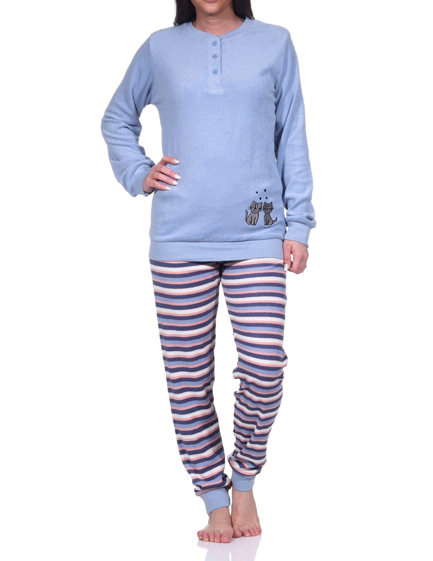 Normann Pyjama Damen Frottee Pyjama, Schlafanzug langarm mit süßem Katzen-Motiv